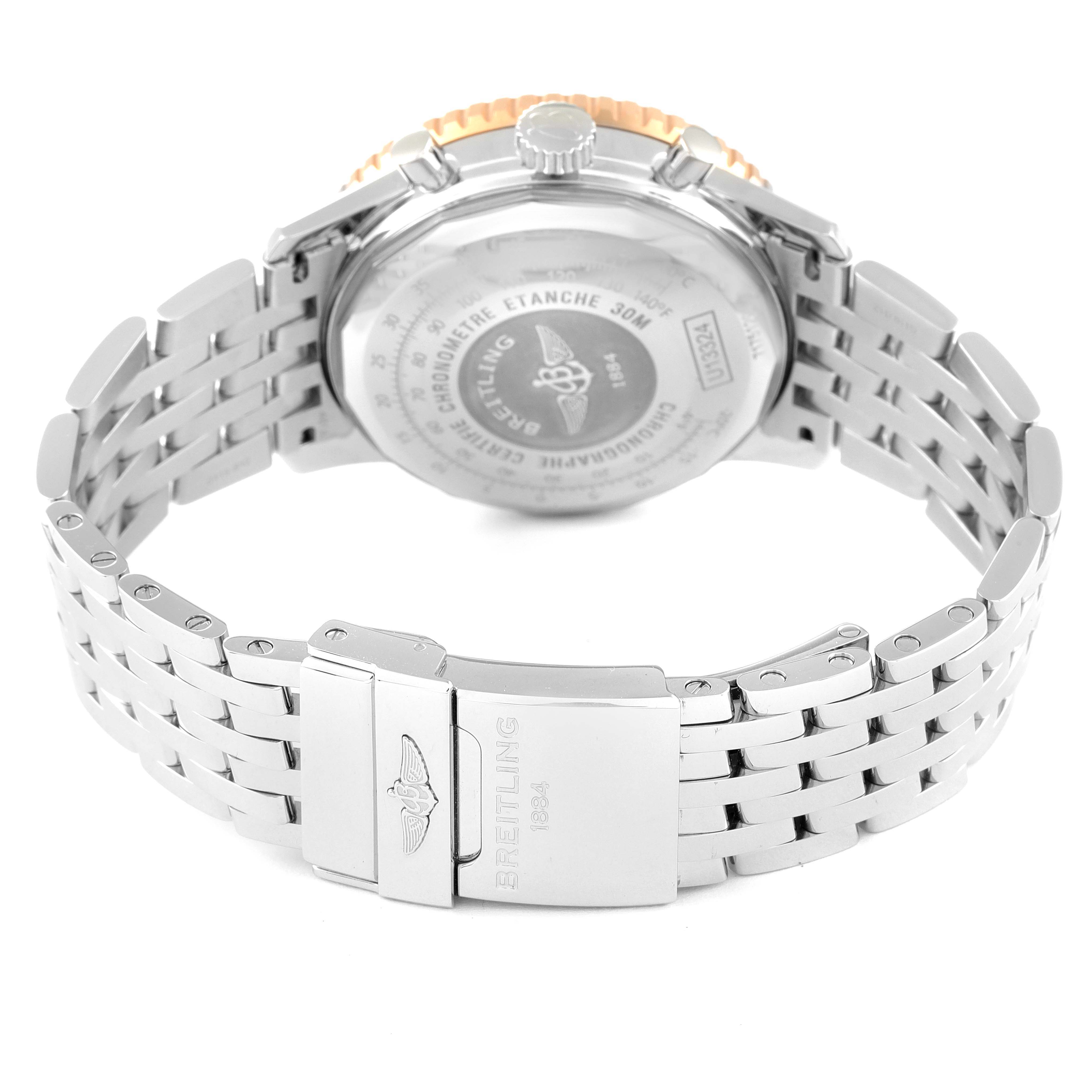 This image shows the back case and bracelet of a Breitling Navitimer U13324211B1X1 Men's Steel and Gold (two tone) Black Dial U13324211B1X1 Men's Steel and Gold (two tone) Black Dial watch, viewed from a rear angle.