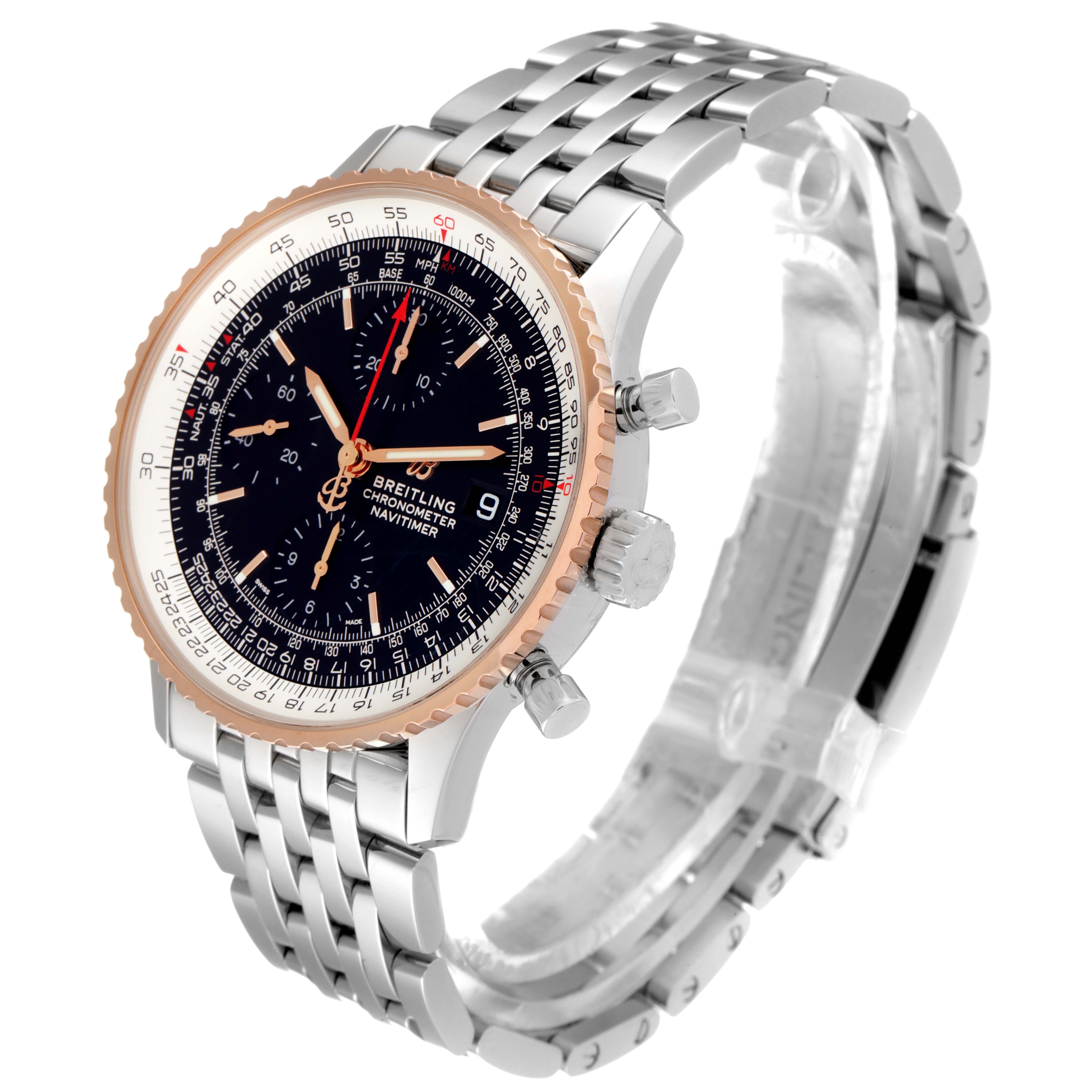 The photo shows a Breitling Navitimer U13324211B1X1 Men's Steel and Gold (two tone) Black Dial U13324211B1X1 Men's Steel and Gold (two tone) Black Dial watch from a three-quarter angle, highlighting the dial, case, bezel, and bracelet.