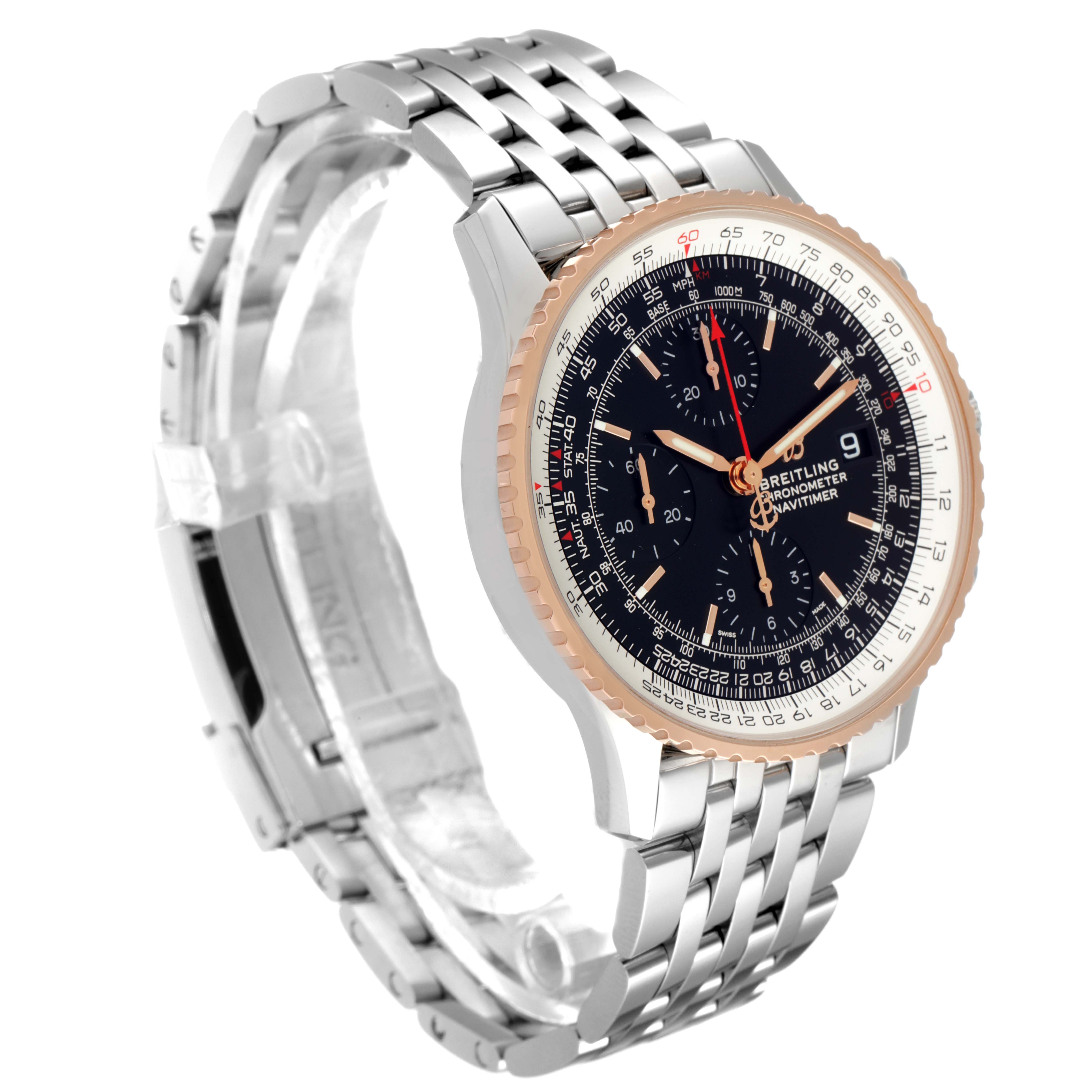 The Breitling Navitimer U13324211B1X1 Men's Steel and Gold (two tone) Black Dial U13324211B1X1 Men's Steel and Gold (two tone) Black Dial model is shown at a front-left angle, displaying the dial, bezel, and metal bracelet.