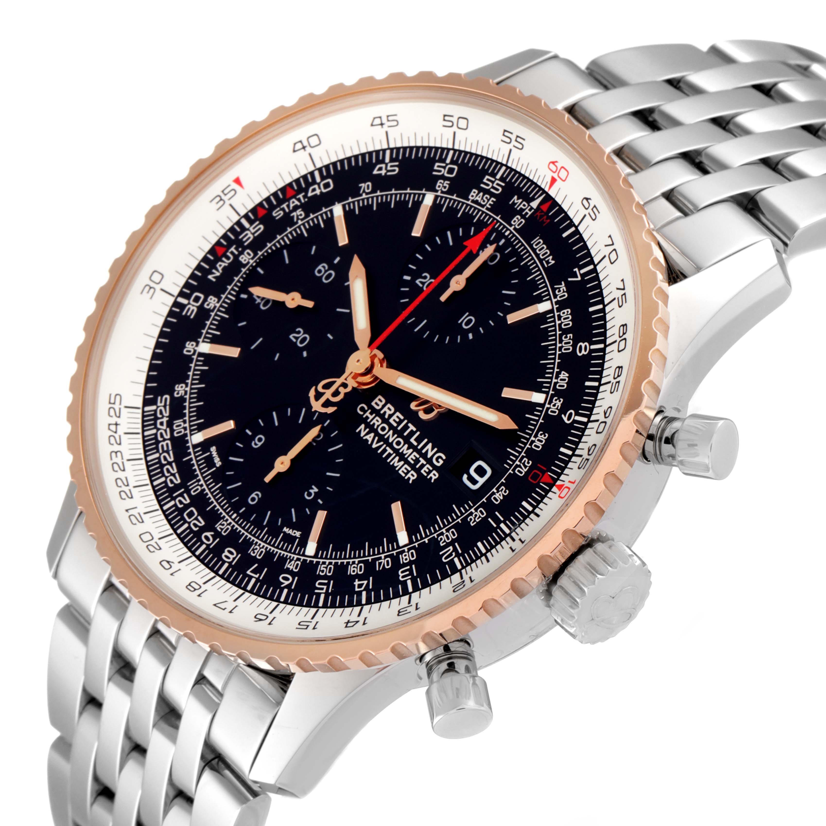 The Breitling Navitimer U13324211B1X1 Men's Steel and Gold (two tone) Black Dial U13324211B1X1 Men's Steel and Gold (two tone) Black Dial watch is shown at an angle displaying the dial, bezel, crown, and partial bracelet.