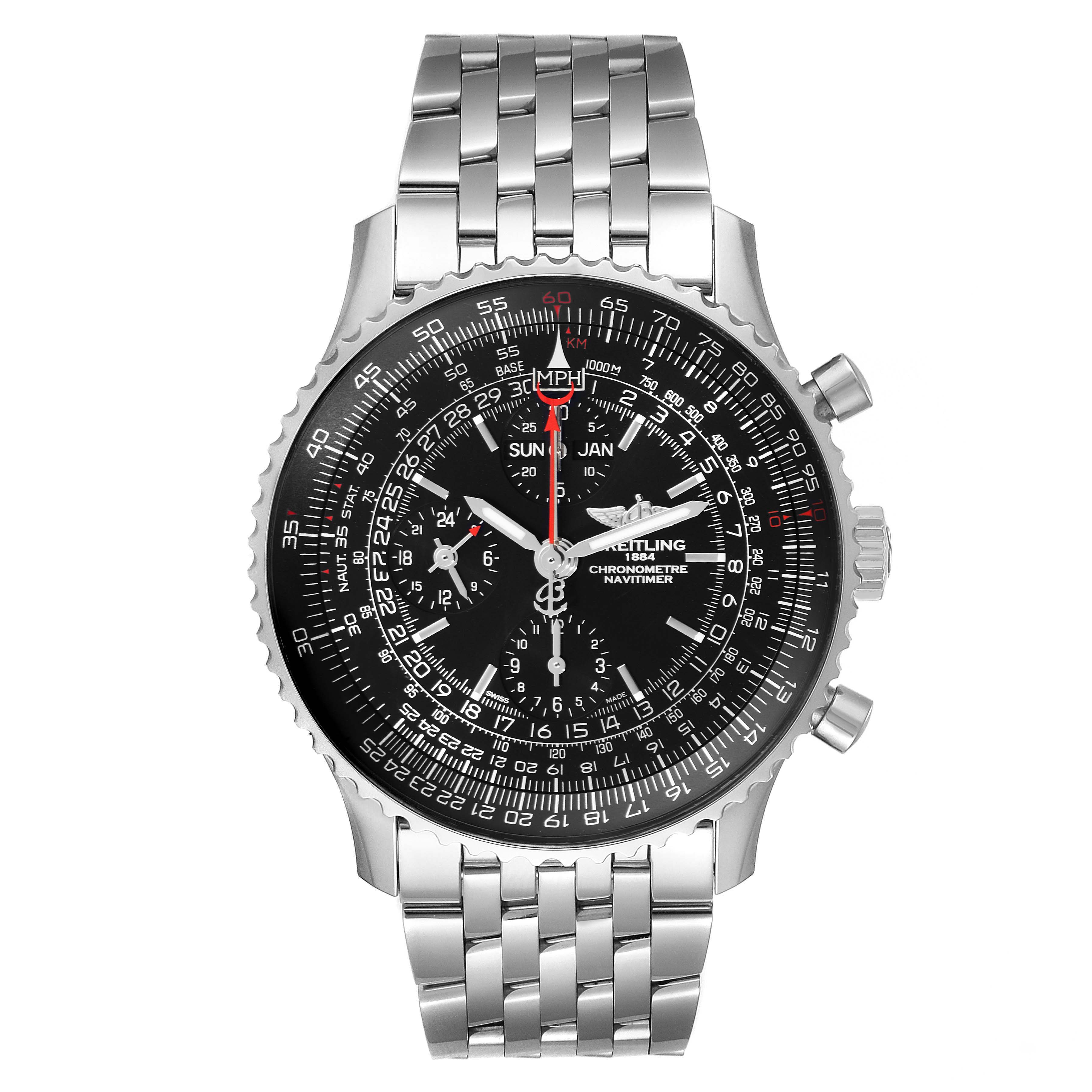 The image shows a front view of a Breitling Navitimer A2135024/BE62-453A Men's Stainless Steel Black Dial A2135024/BE62-453A Men's Stainless Steel Black Dial watch with a metal bracelet and intricate dial.