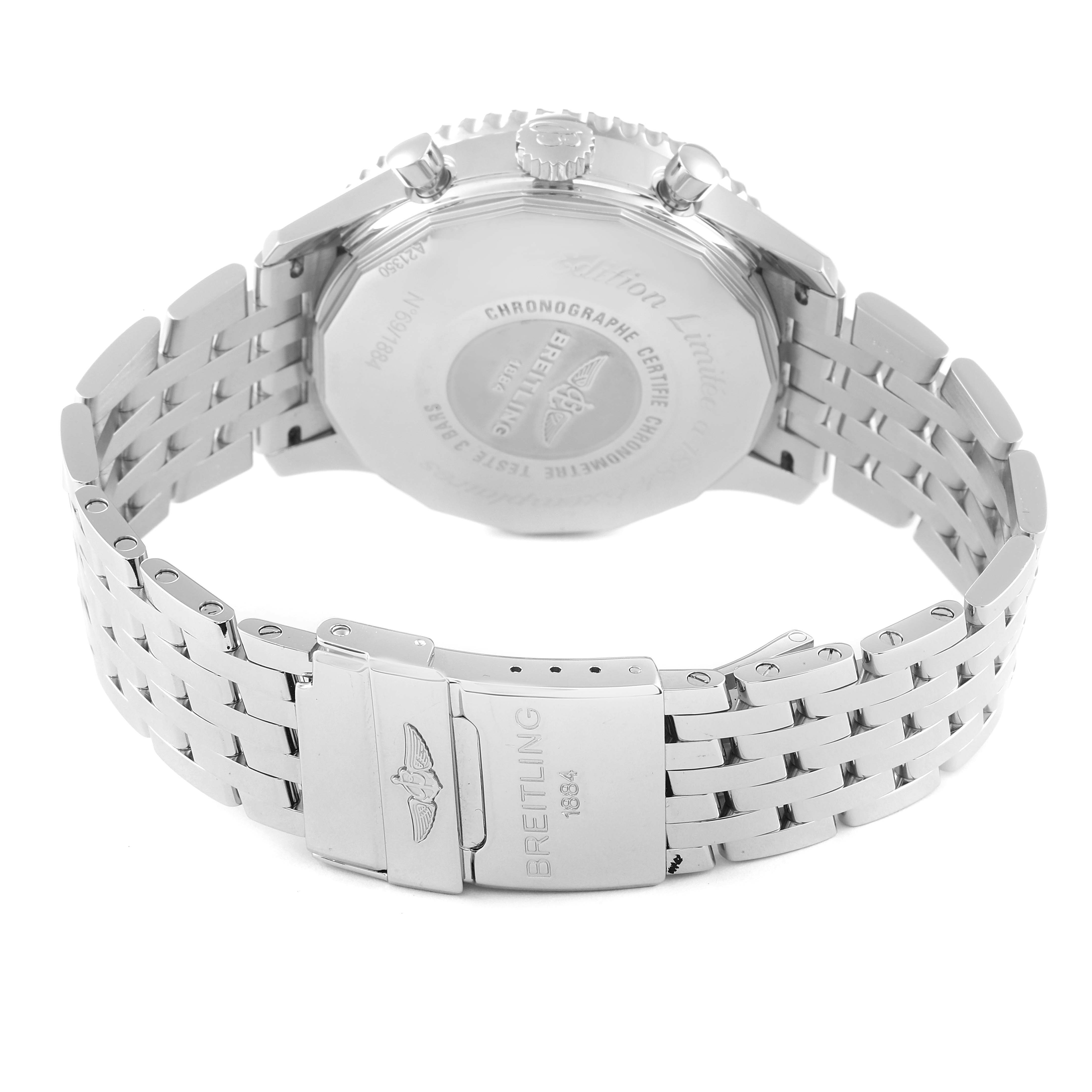 The image shows the back and clasp of a Breitling Navitimer A2135024/BE62-453A Men's Stainless Steel Black Dial A2135024/BE62-453A Men's Stainless Steel Black Dial watch, highlighting its metal bracelet and case back.