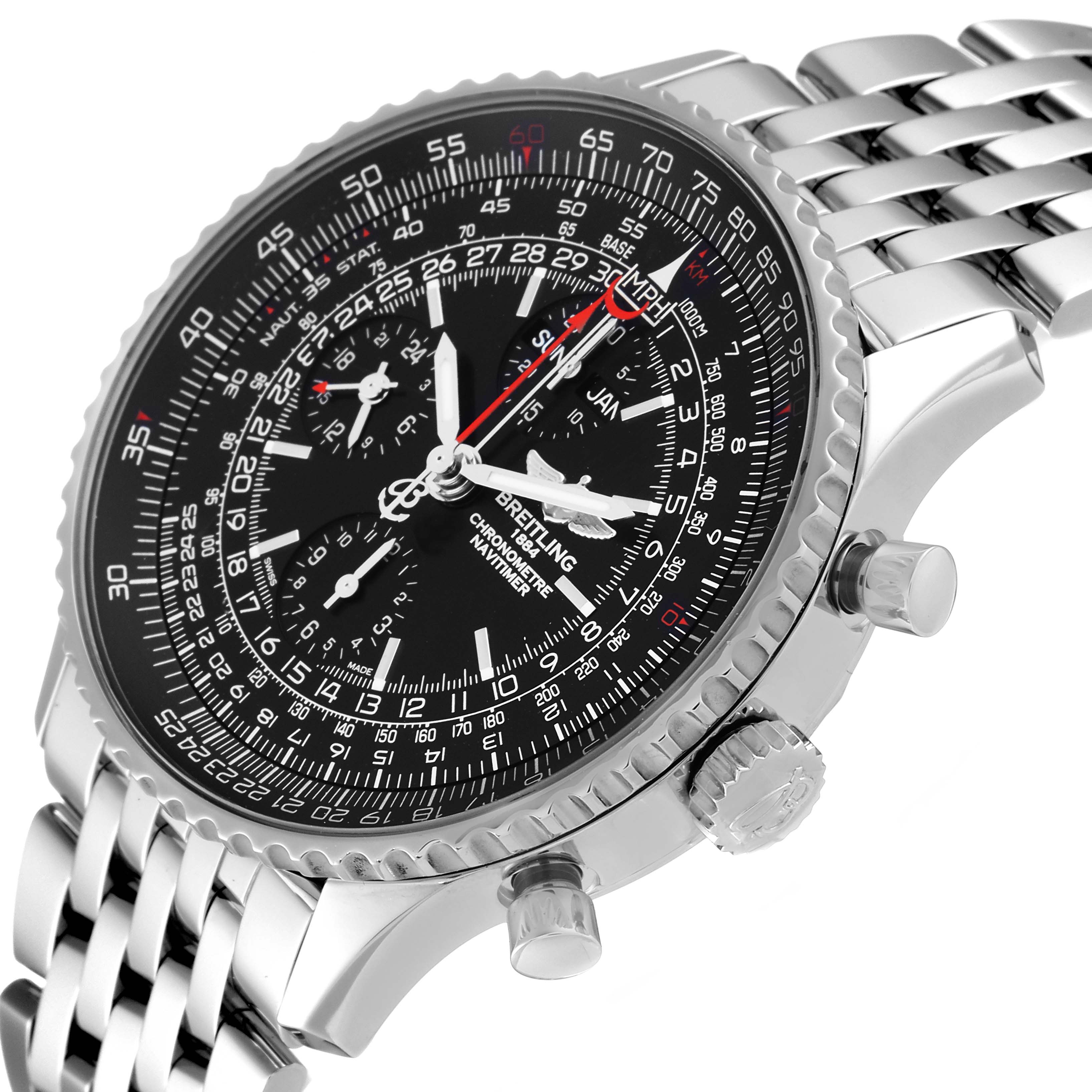 The image shows a Breitling Navitimer A2135024/BE62-453A Men's Stainless Steel Black Dial A2135024/BE62-453A Men's Stainless Steel Black Dial watch at a three-quarter angle, displaying its dial, bezel, crown, pushers, and stainless steel bracelet.