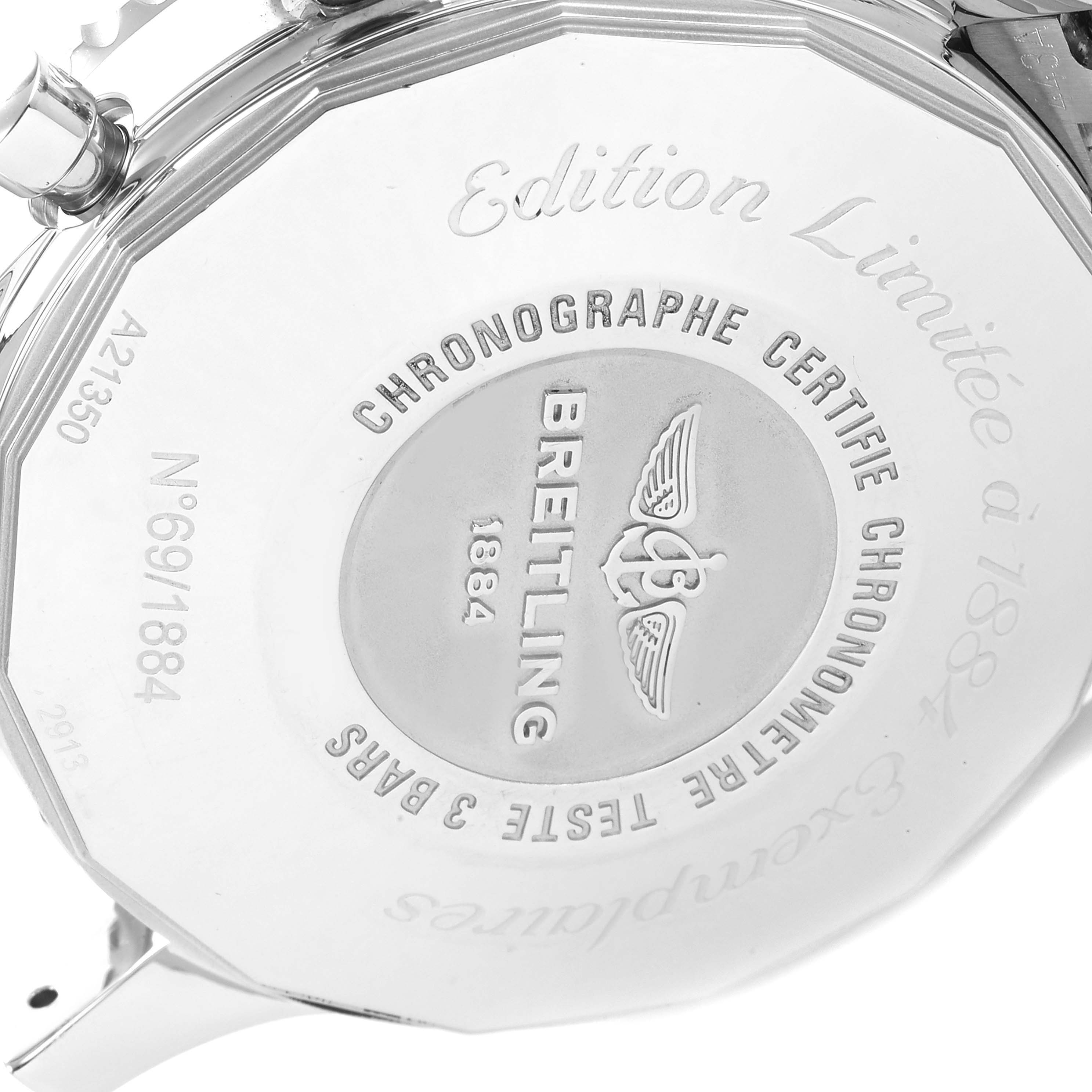 This image shows the rear case of the Breitling Navitimer A2135024/BE62-453A Men's Stainless Steel Black Dial A2135024/BE62-453A Men's Stainless Steel Black Dial watch, displaying engravings and limited edition details.