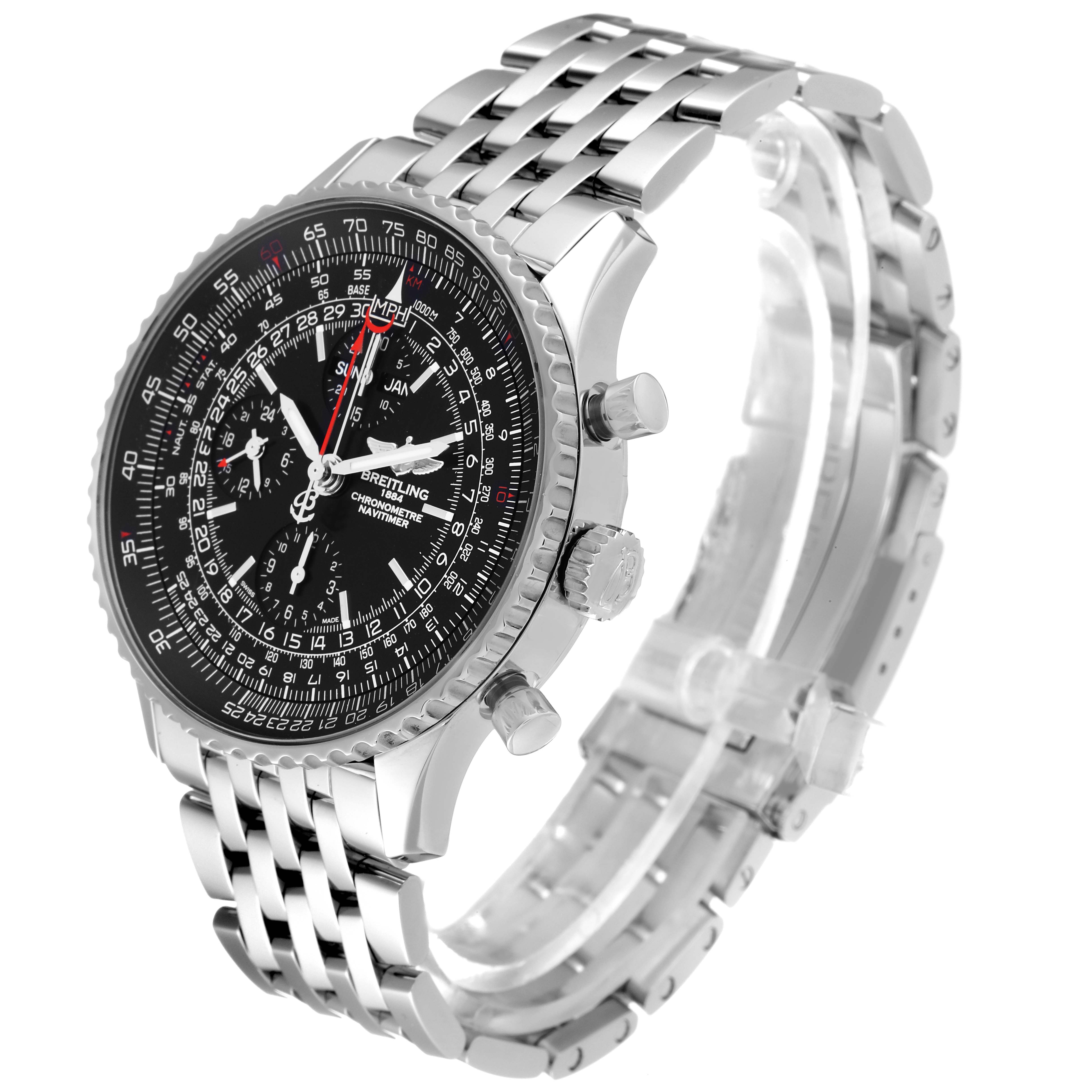 The image shows a Breitling Navitimer A2135024/BE62-453A Men's Stainless Steel Black Dial A2135024/BE62-453A Men's Stainless Steel Black Dial watch at an oblique angle, highlighting its face, bezel, case, and bracelet.