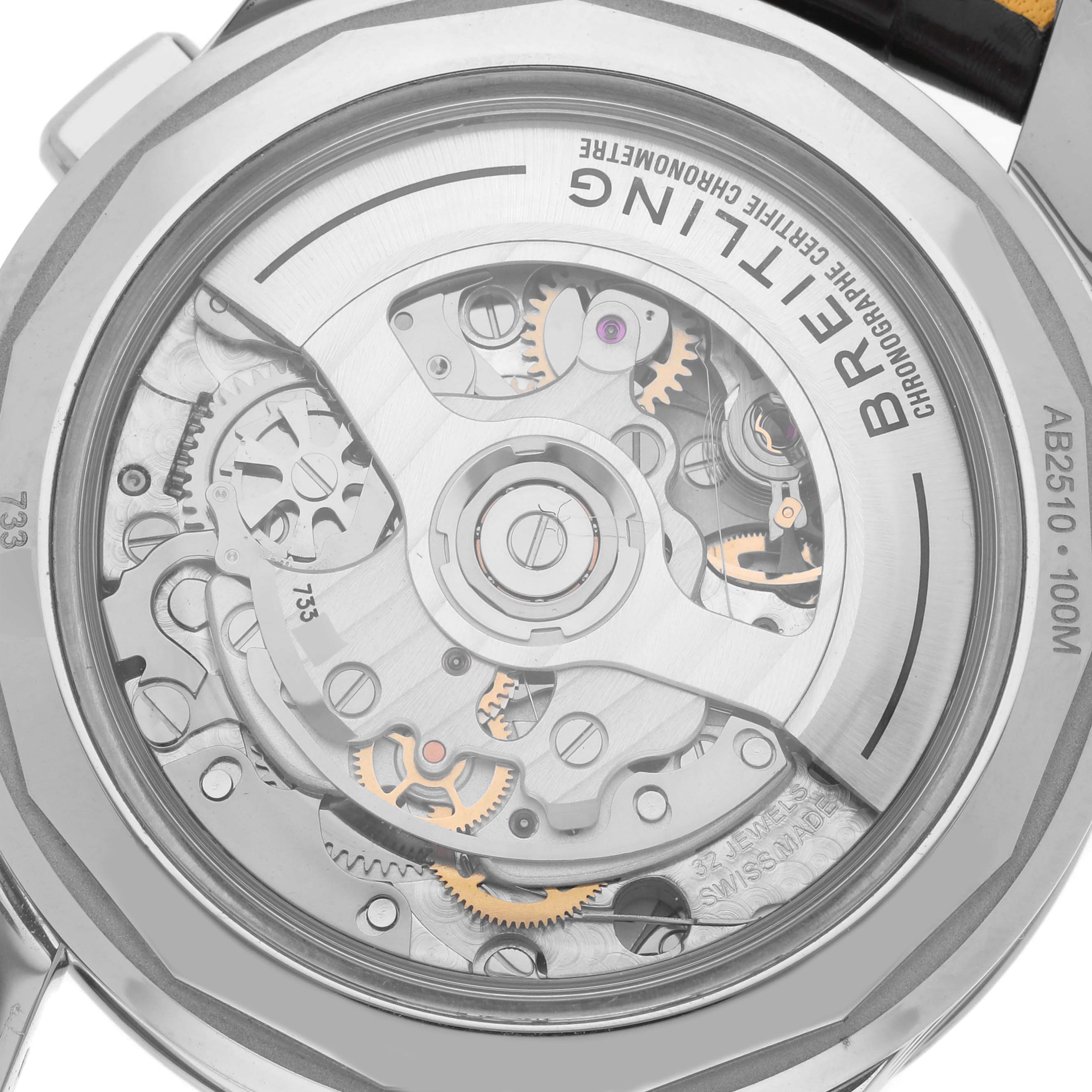 The image shows the back view of a Breitling Premier AB2510201K1P1 Men's Stainless Steel Pink Dial AB2510201K1P1 Men's Stainless Steel Pink Dial watch, highlighting its intricate movement and inner mechanisms.