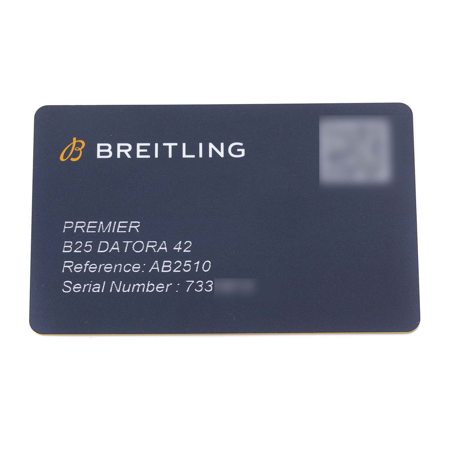 The image shows a Breitling Premier AB2510201K1P1 Men's Stainless Steel Pink Dial AB2510201K1P1 Men's Stainless Steel Pink Dial model warranty card, featuring model details and serial number.