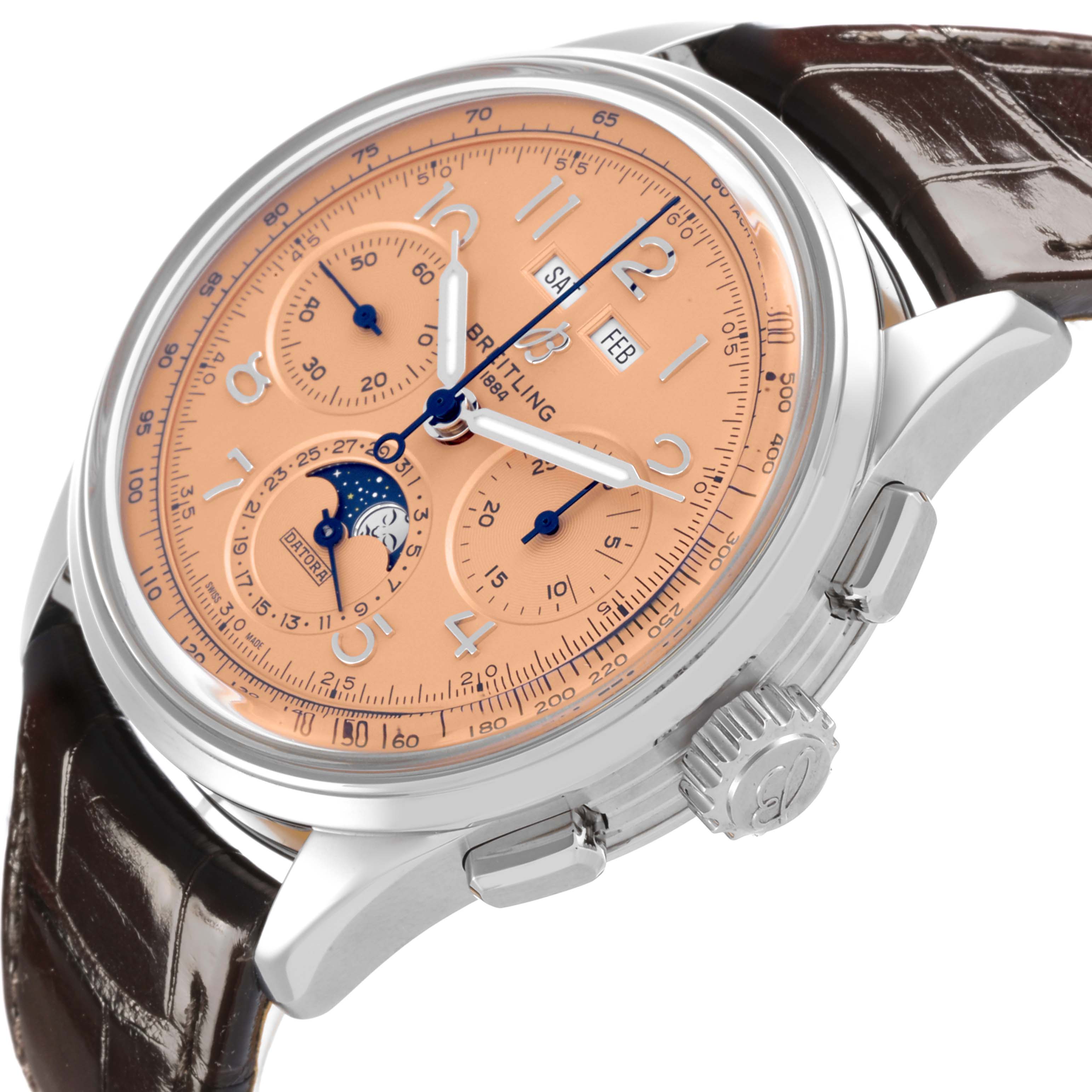 The Breitling Premier AB2510201K1P1 Men's Stainless Steel Pink Dial AB2510201K1P1 Men's Stainless Steel Pink Dial watch is shown at an angled side view, highlighting the dial, crown, and pushers.