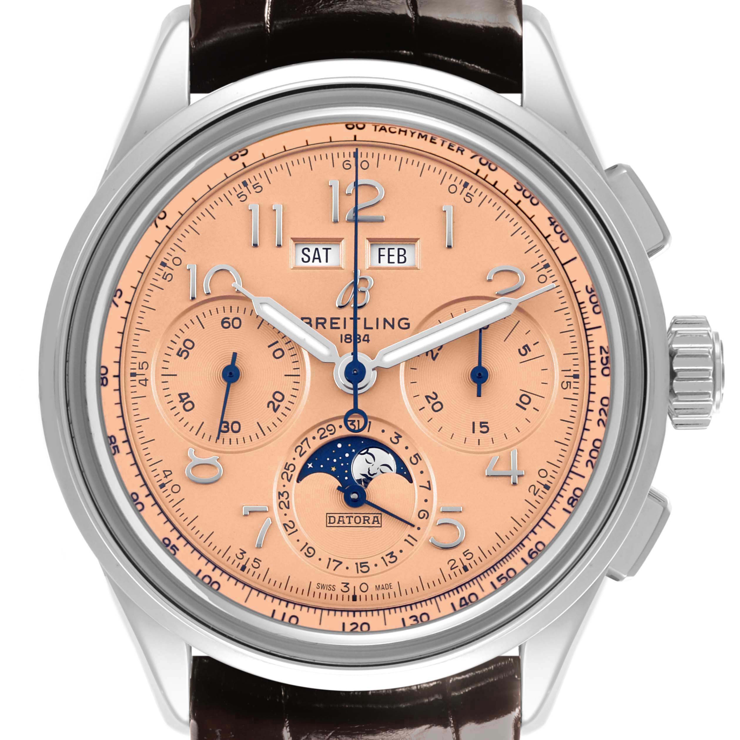 The Breitling Premier AB2510201K1P1 Men's Stainless Steel Pink Dial AB2510201K1P1 Men's Stainless Steel Pink Dial watch is shown from the front, displaying its face, dials, and complications.