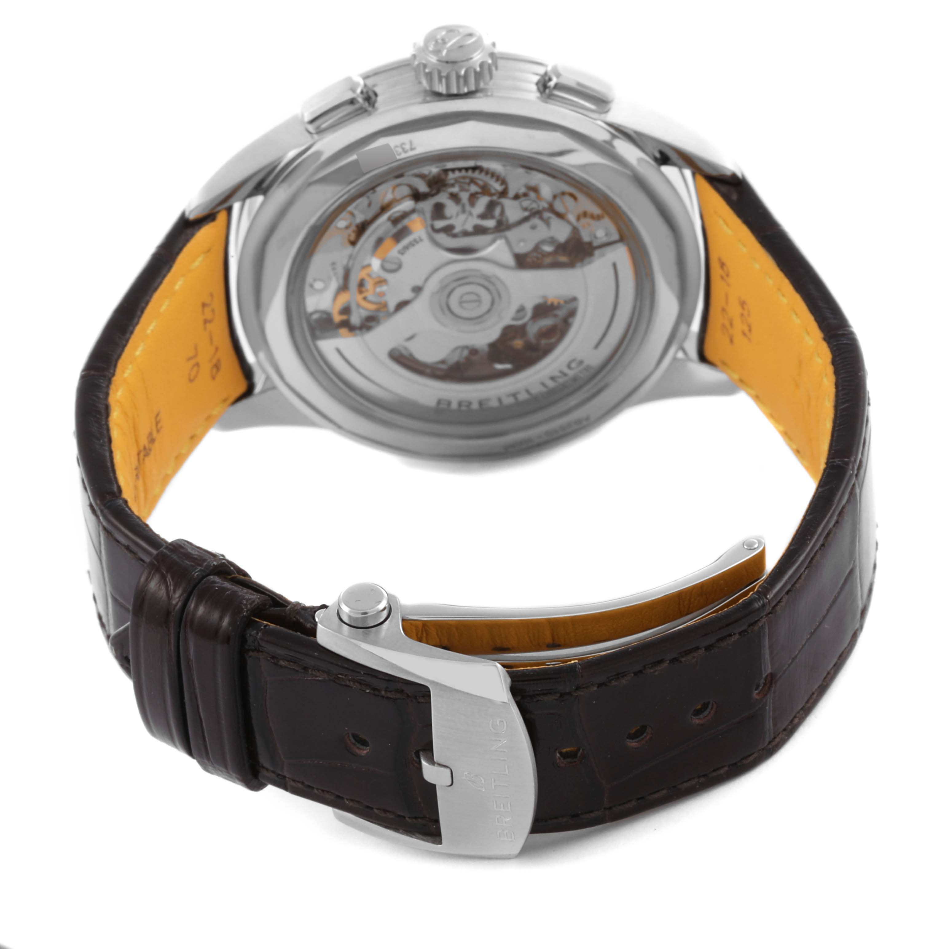 The image shows the back view of the Breitling Premier AB2510201K1P1 Men's Stainless Steel Pink Dial AB2510201K1P1 Men's Stainless Steel Pink Dial watch, highlighting the exposed movement and leather strap.