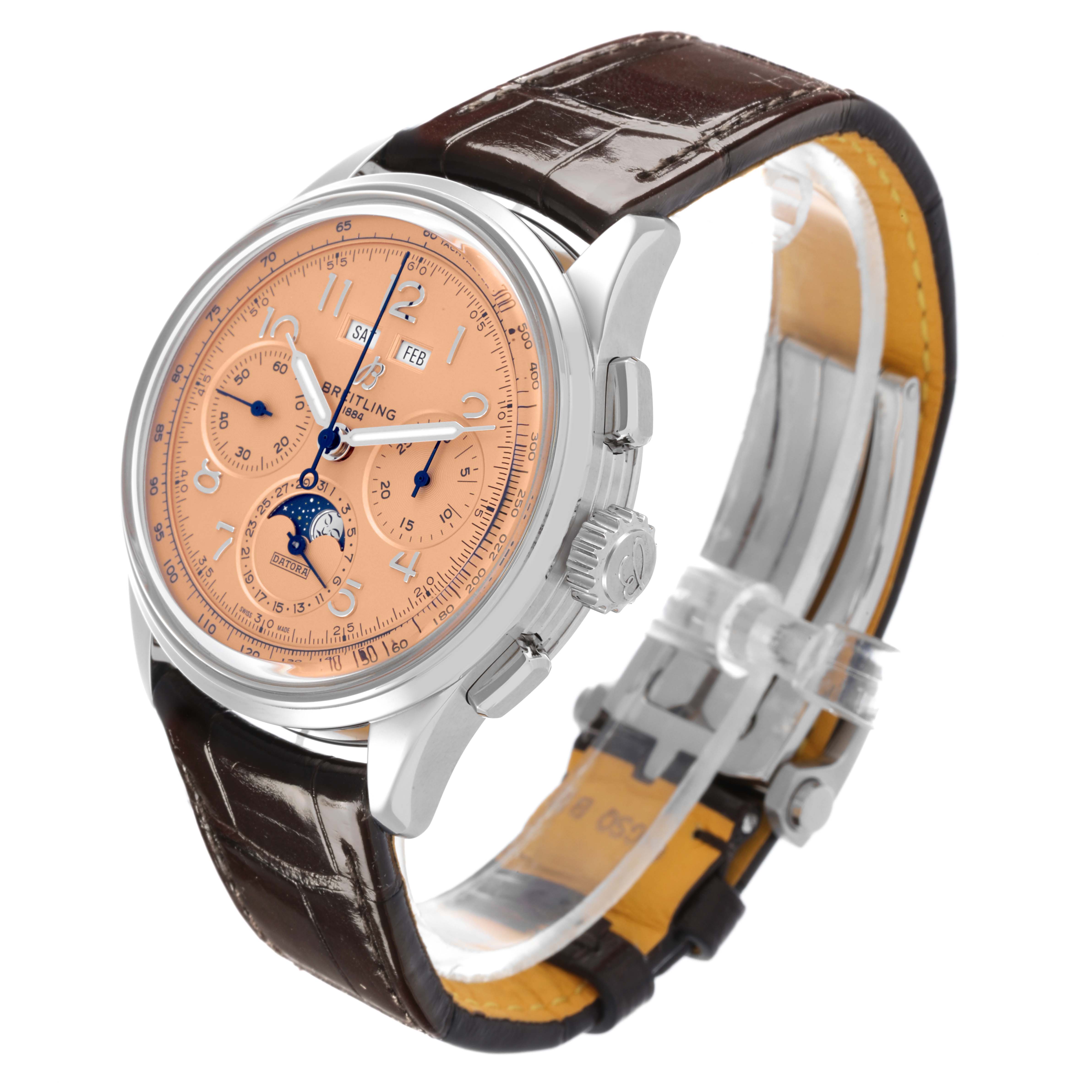 The Breitling Premier AB2510201K1P1 Men's Stainless Steel Pink Dial AB2510201K1P1 Men's Stainless Steel Pink Dial model watch is shown at a three-quarter angle, highlighting the face, side buttons, and leather strap.