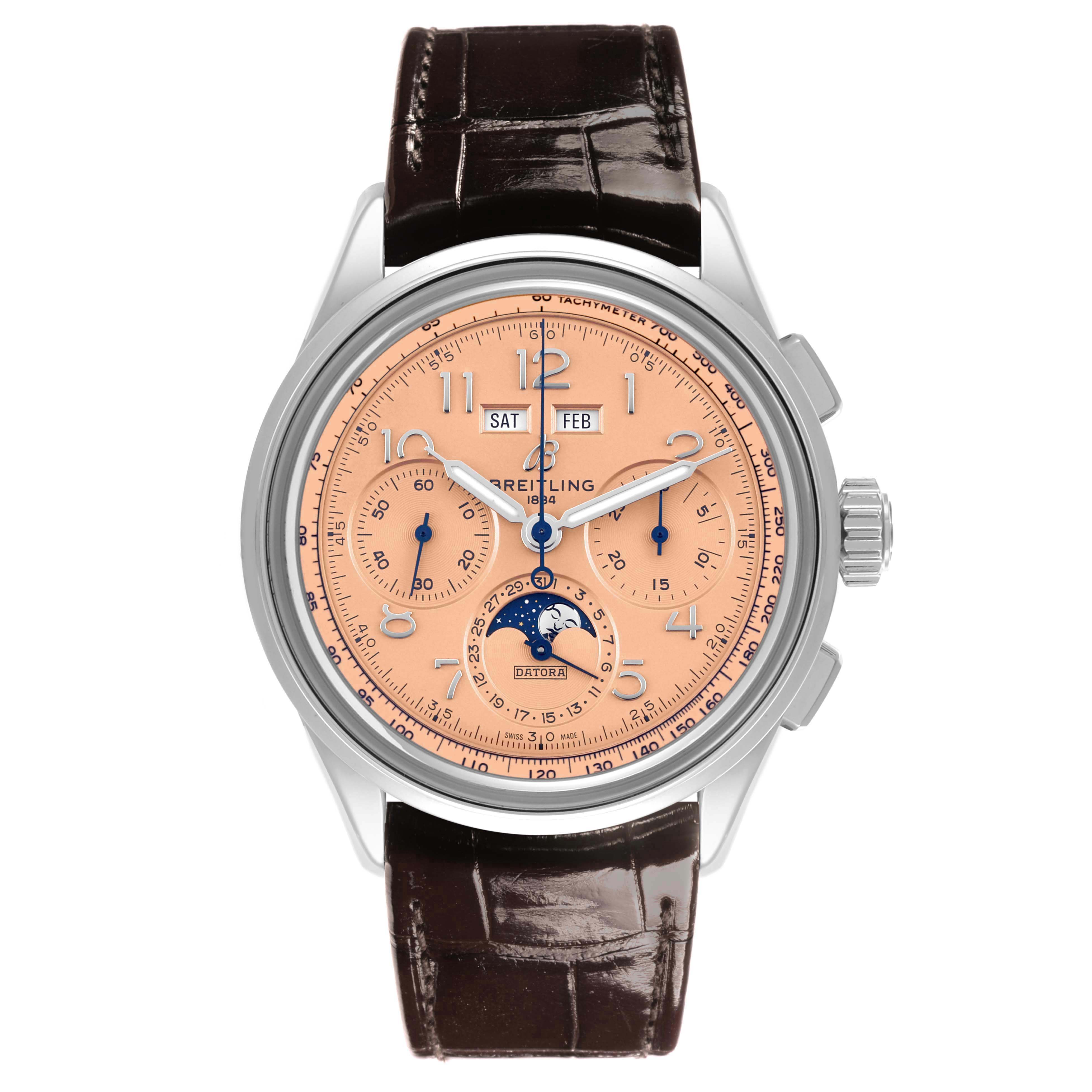 The Breitling Premier AB2510201K1P1 Men's Stainless Steel Pink Dial AB2510201K1P1 Men's Stainless Steel Pink Dial watch is shown from a front angle, displaying the dial, brown leather strap, and silver case.