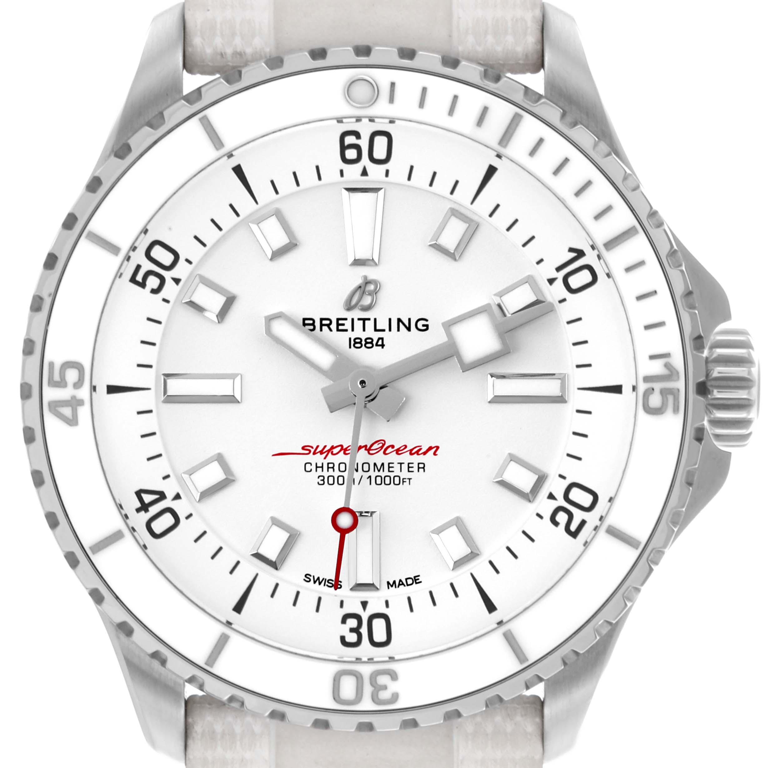 The Breitling Superocean A17375A71A1S1 Men's Stainless Steel White Dial A17375A71A1S1 Men's Stainless Steel White Dial watch is shown from the front, highlighting the dial, bezel, and crown.