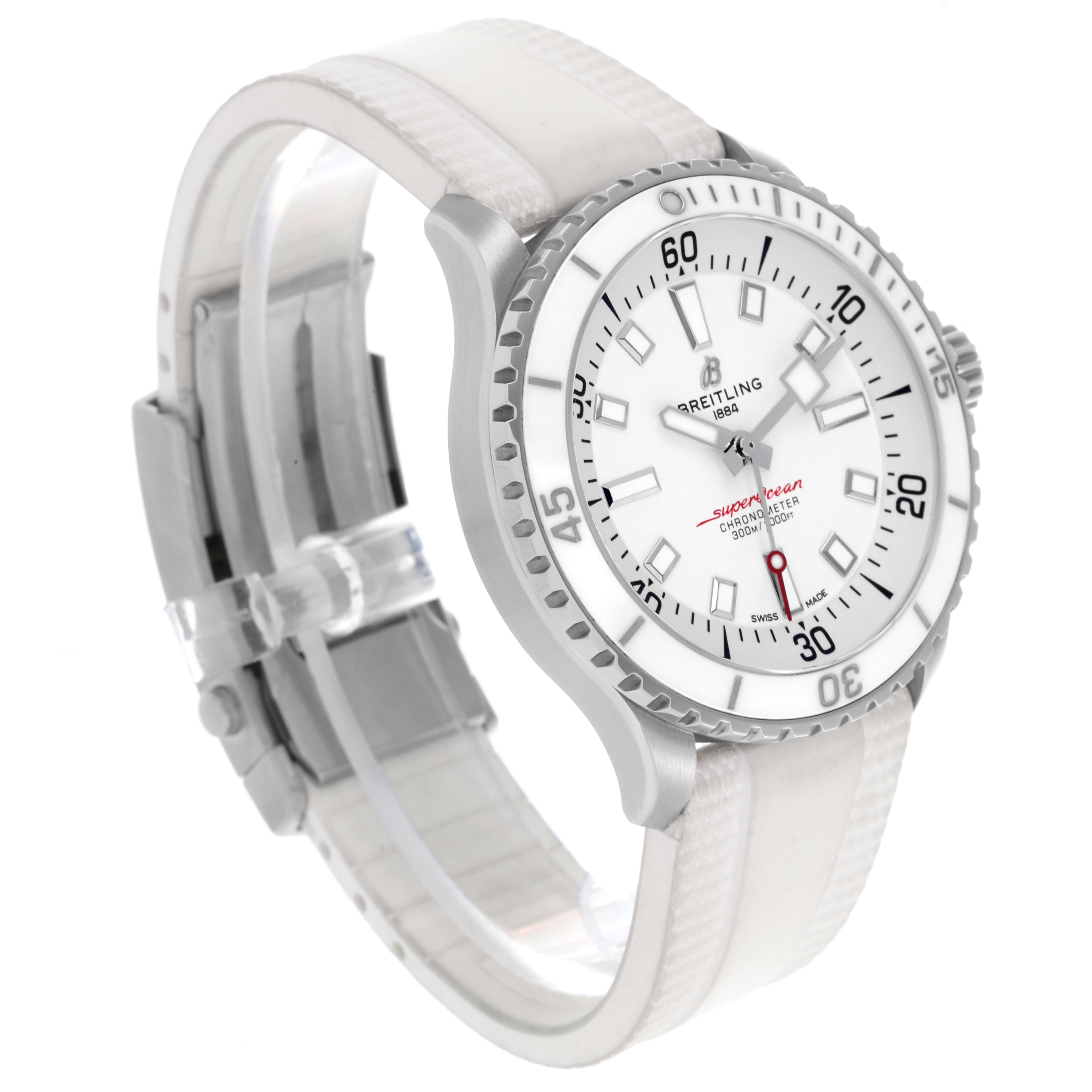 The Breitling Superocean A17375A71A1S1 Men's Stainless Steel White Dial A17375A71A1S1 Men's Stainless Steel White Dial watch is shown at a three-quarter angle, displaying the face, bezel, and part of the strap.