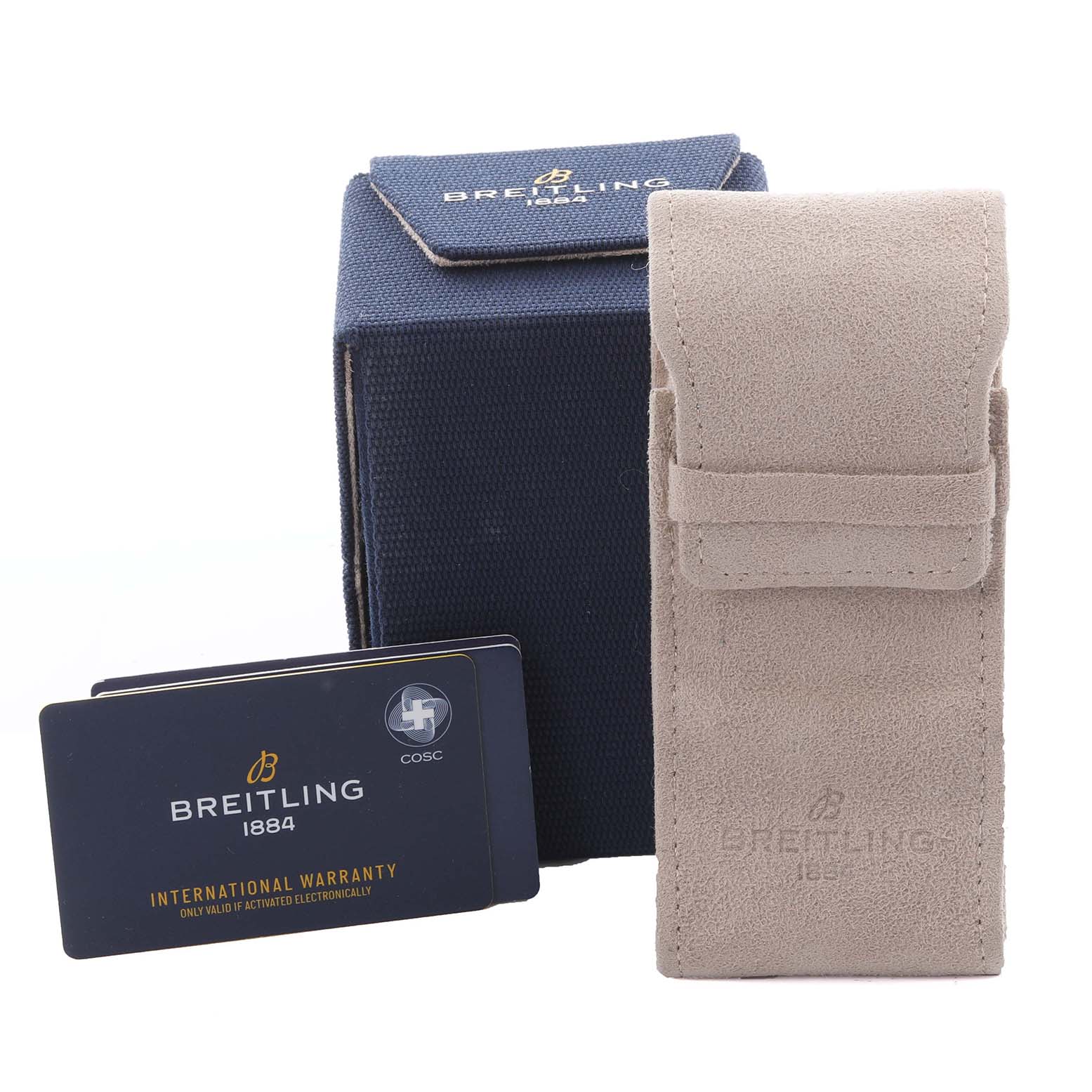 The image shows a Breitling Superocean A17375A71A1S1 Men's Stainless Steel White Dial A17375A71A1S1 Men's Stainless Steel White Dial watch box, a beige pouch, and an international warranty card.