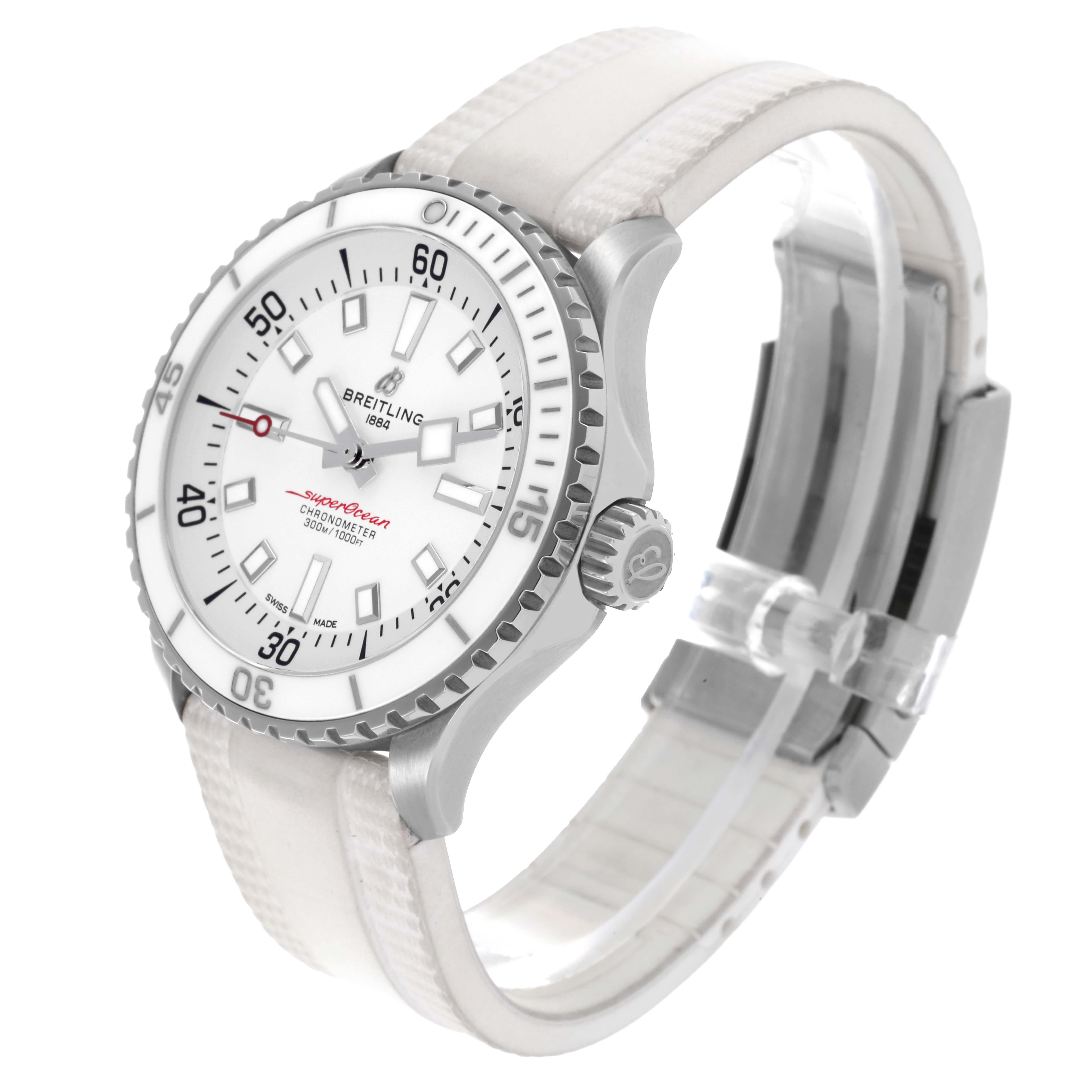The Breitling Superocean A17375A71A1S1 Men's Stainless Steel White Dial A17375A71A1S1 Men's Stainless Steel White Dial watch is shown at a three-quarter angle displaying the face, bezel, crown, and part of the strap.