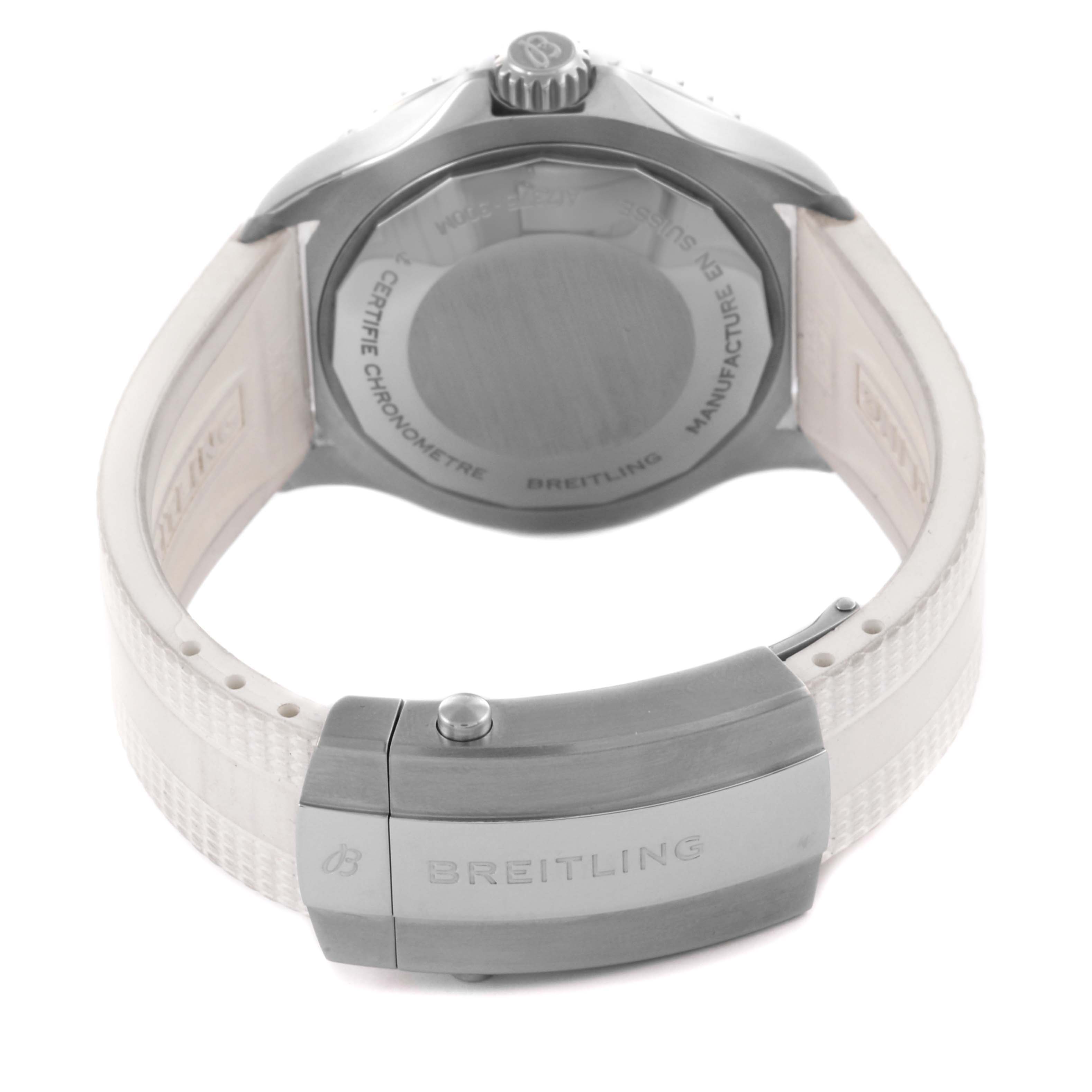 The image shows the Breitling Superocean A17375A71A1S1 Men's Stainless Steel White Dial A17375A71A1S1 Men's Stainless Steel White Dial watch from the back, highlighting the case back and clasp of the strap.