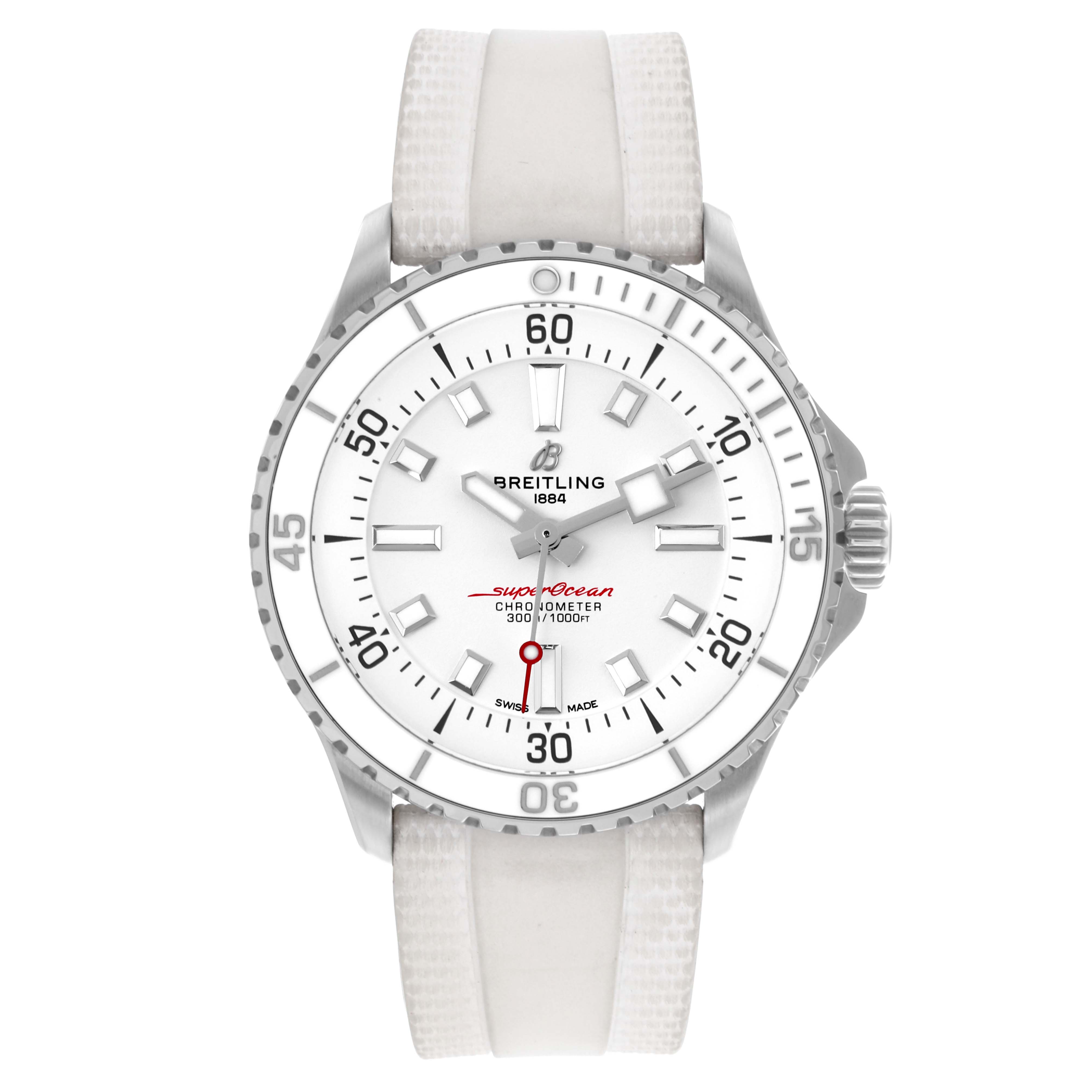The Breitling Superocean A17375A71A1S1 Men's Stainless Steel White Dial A17375A71A1S1 Men's Stainless Steel White Dial watch is shown from a front view, displaying the dial, bezel, hands, and white strap.