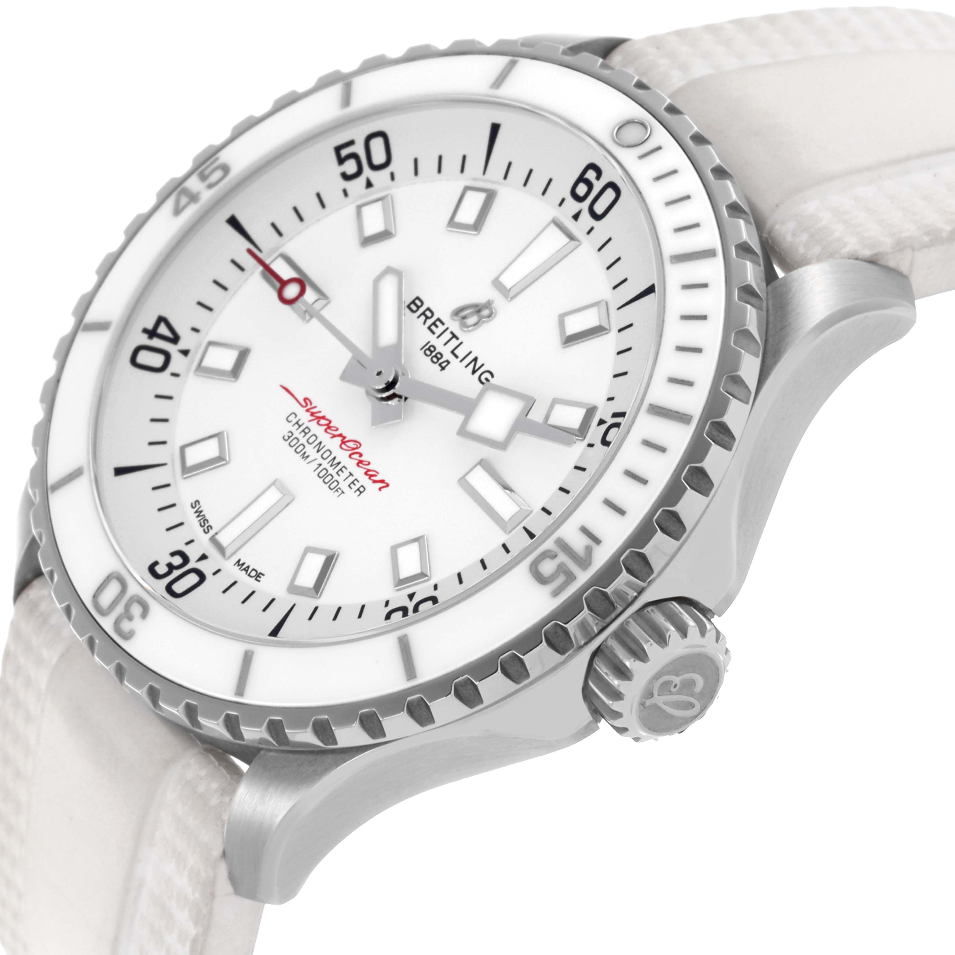 The Breitling Superocean A17375A71A1S1 Men's Stainless Steel White Dial A17375A71A1S1 Men's Stainless Steel White Dial watch is shown at an angle displaying the white dial, bezel, crown, and part of the strap.