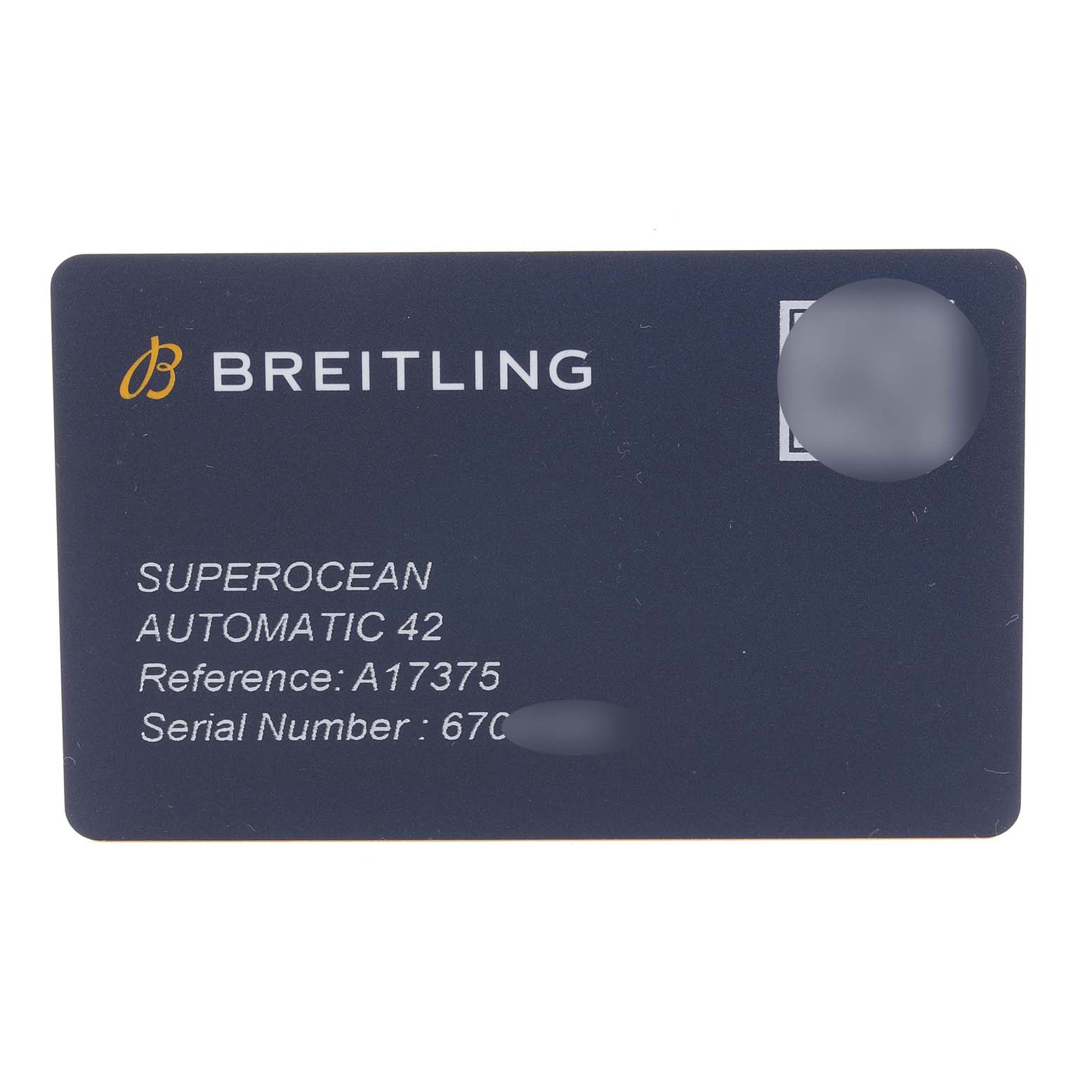 The image shows a Breitling Superocean A17375A71A1S1 Men's Stainless Steel White Dial A17375A71A1S1 Men's Stainless Steel White Dial Automatic 42 card, displaying the reference and serial number details.