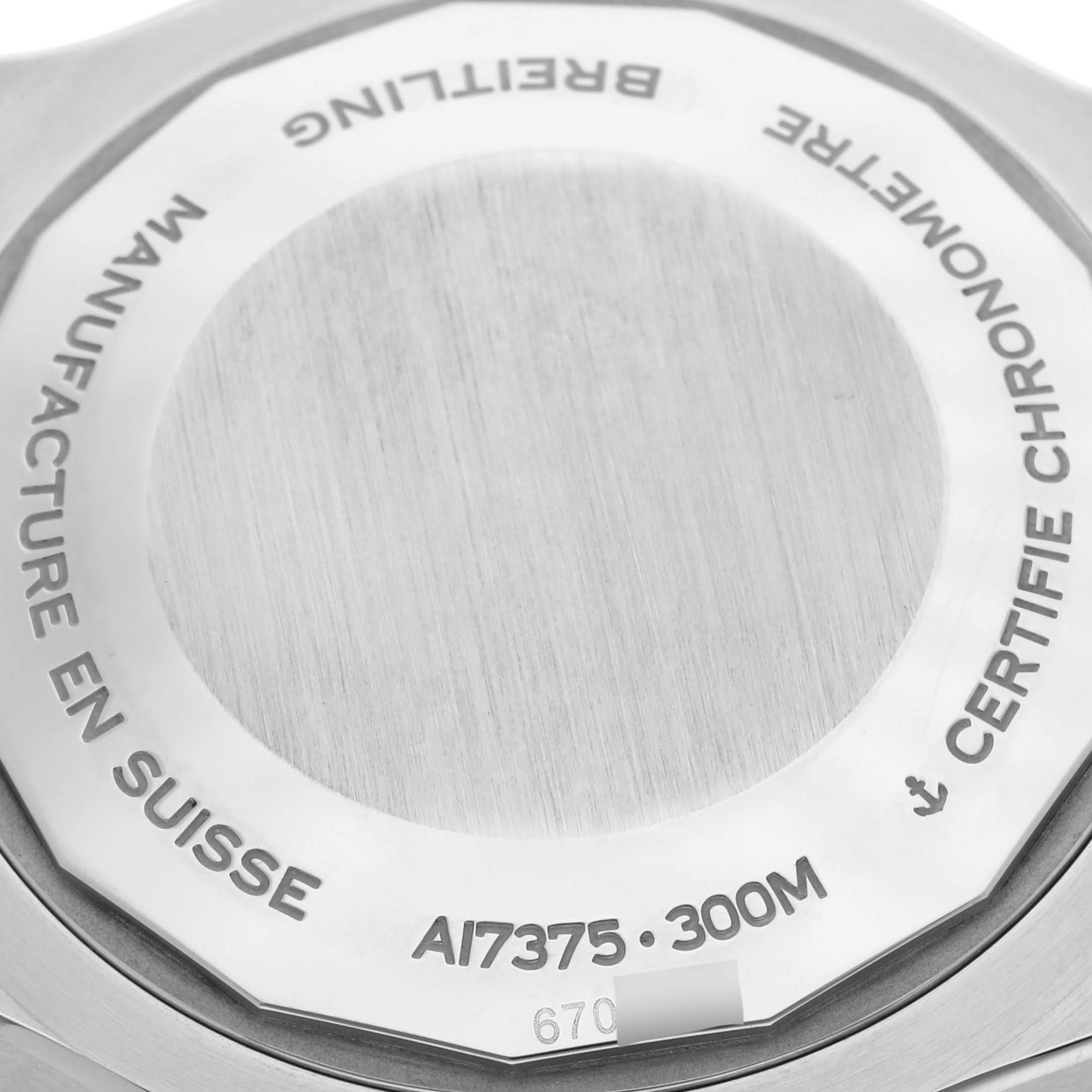 The image shows the back case of a Breitling Superocean A17375A71A1S1 Men's Stainless Steel White Dial A17375A71A1S1 Men's Stainless Steel White Dial watch, highlighting the branding and specifications.