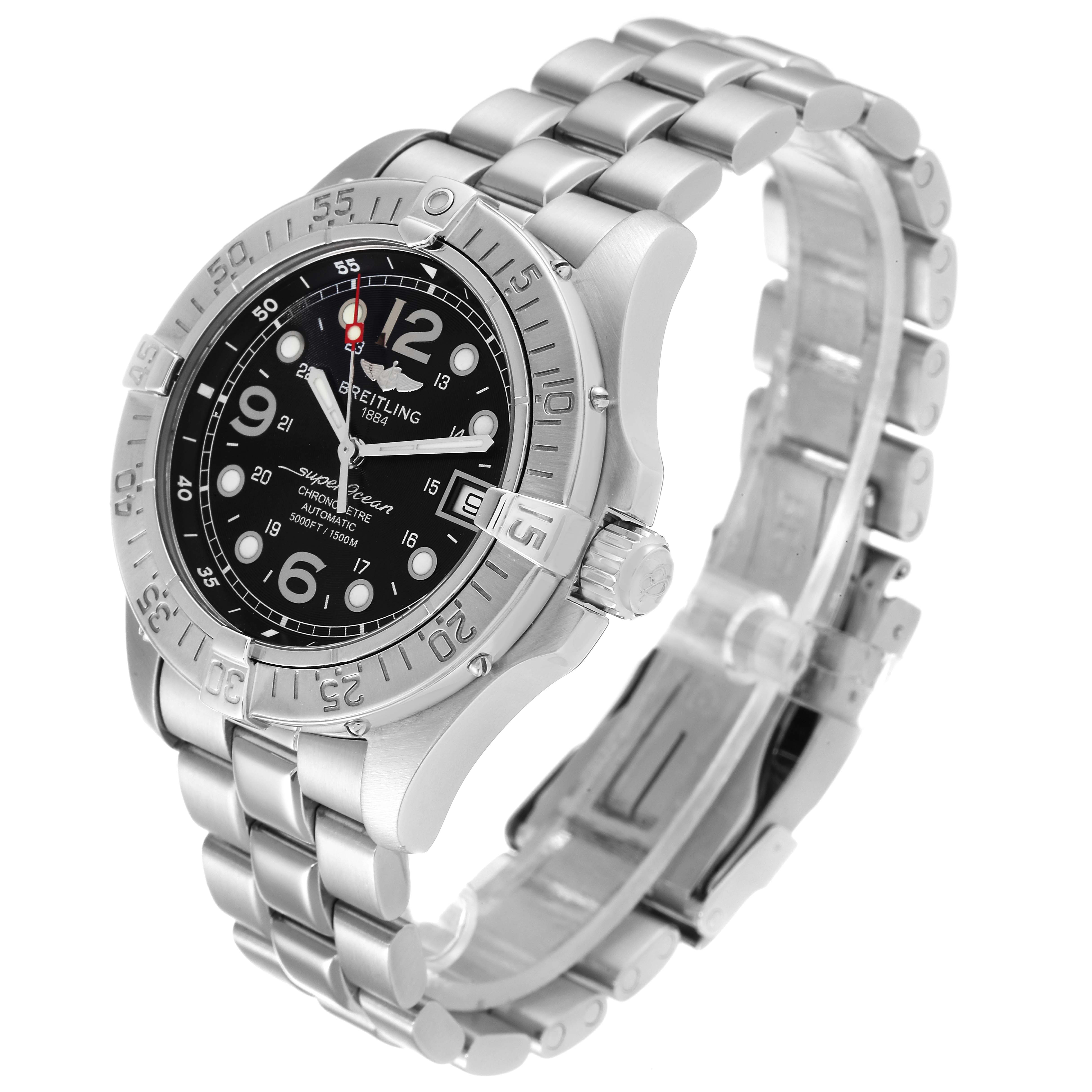 The Breitling Superocean A17360 Men's Stainless Steel Black Dial A17360 Men's Stainless Steel Black Dial watch is shown at a slight angle from above, highlighting its face, bezel, and stainless steel bracelet.