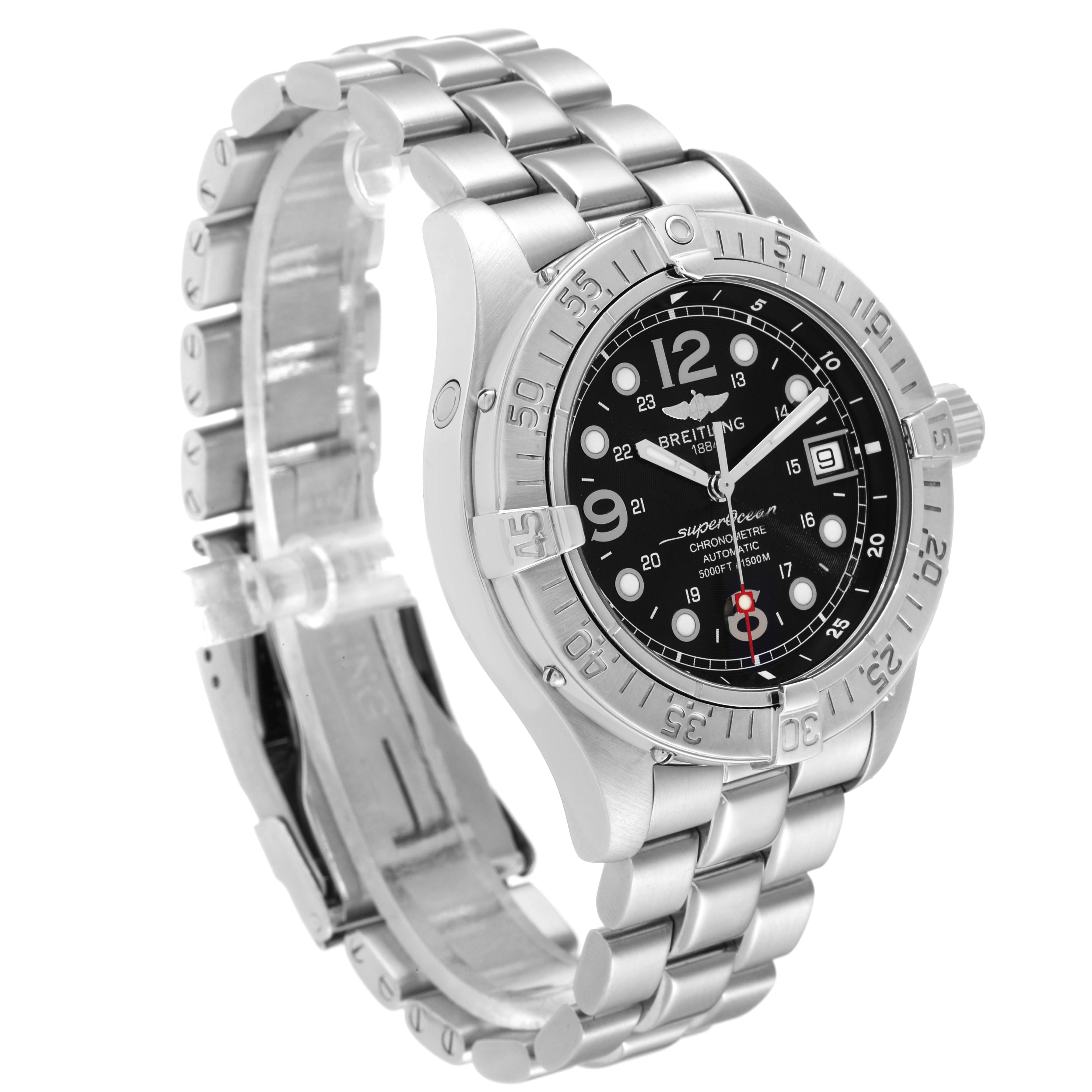 The image shows a side-angle view of the Breitling Superocean A17360 Men's Stainless Steel Black Dial A17360 Men's Stainless Steel Black Dial watch, highlighting its stainless steel bracelet, bezel, and dial.