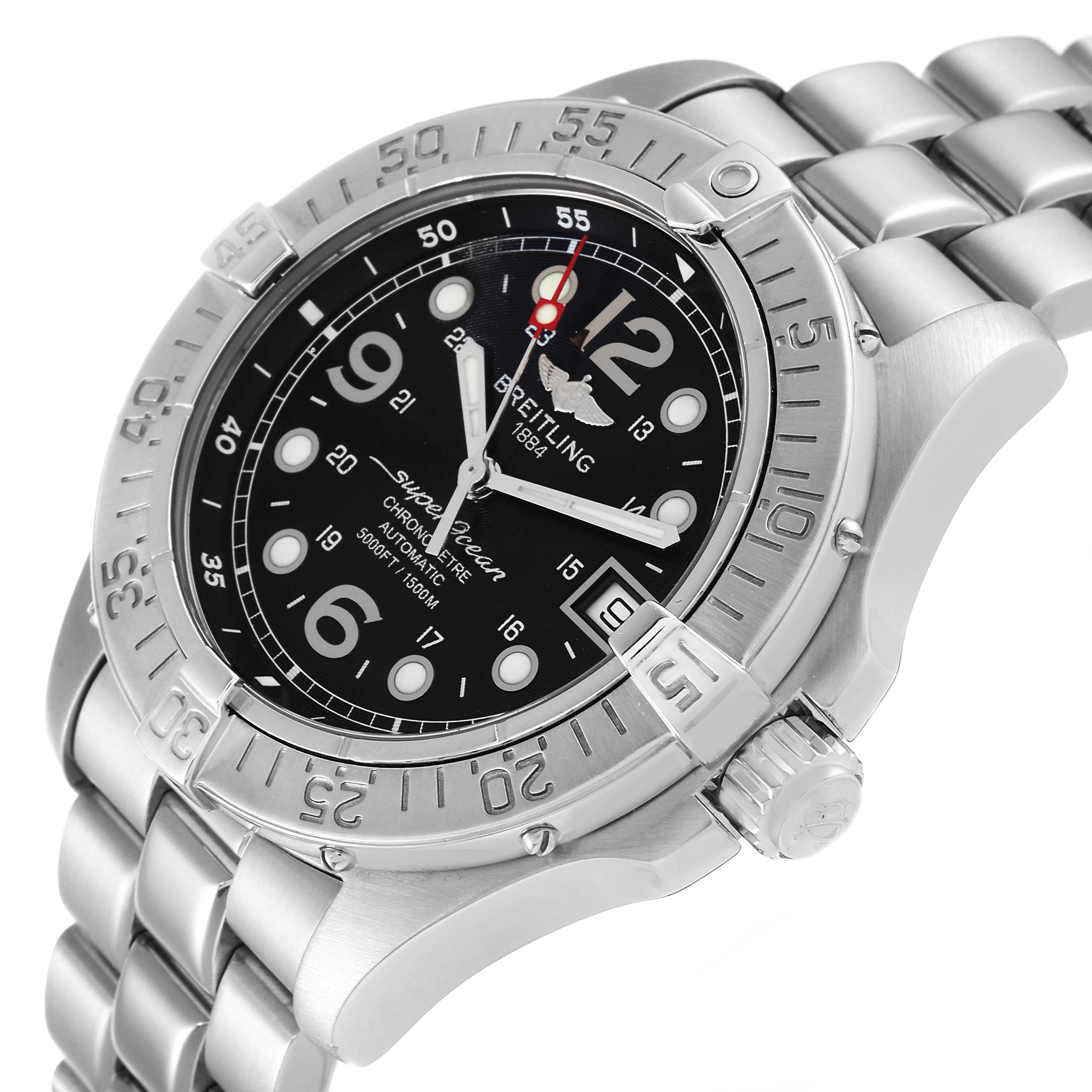 The image shows the Breitling Superocean A17360 Men's Stainless Steel Black Dial A17360 Men's Stainless Steel Black Dial watch from a three-quarter angle, highlighting the face, bezel, crown, and bracelet.