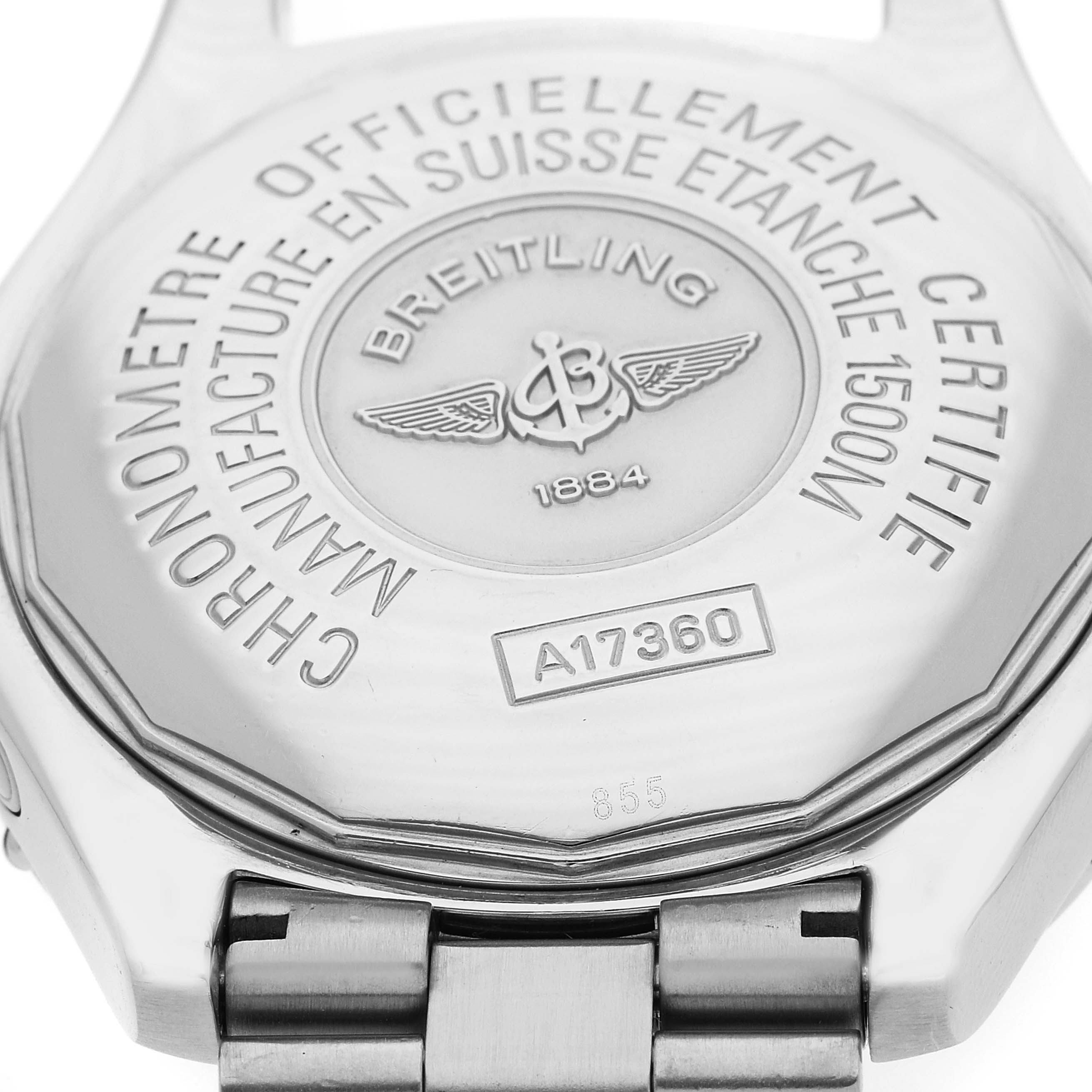 The image shows the case back and linked bracelet of the Breitling Superocean A17360 Men's Stainless Steel Black Dial A17360 Men's Stainless Steel Black Dial model, viewed from a top angle.