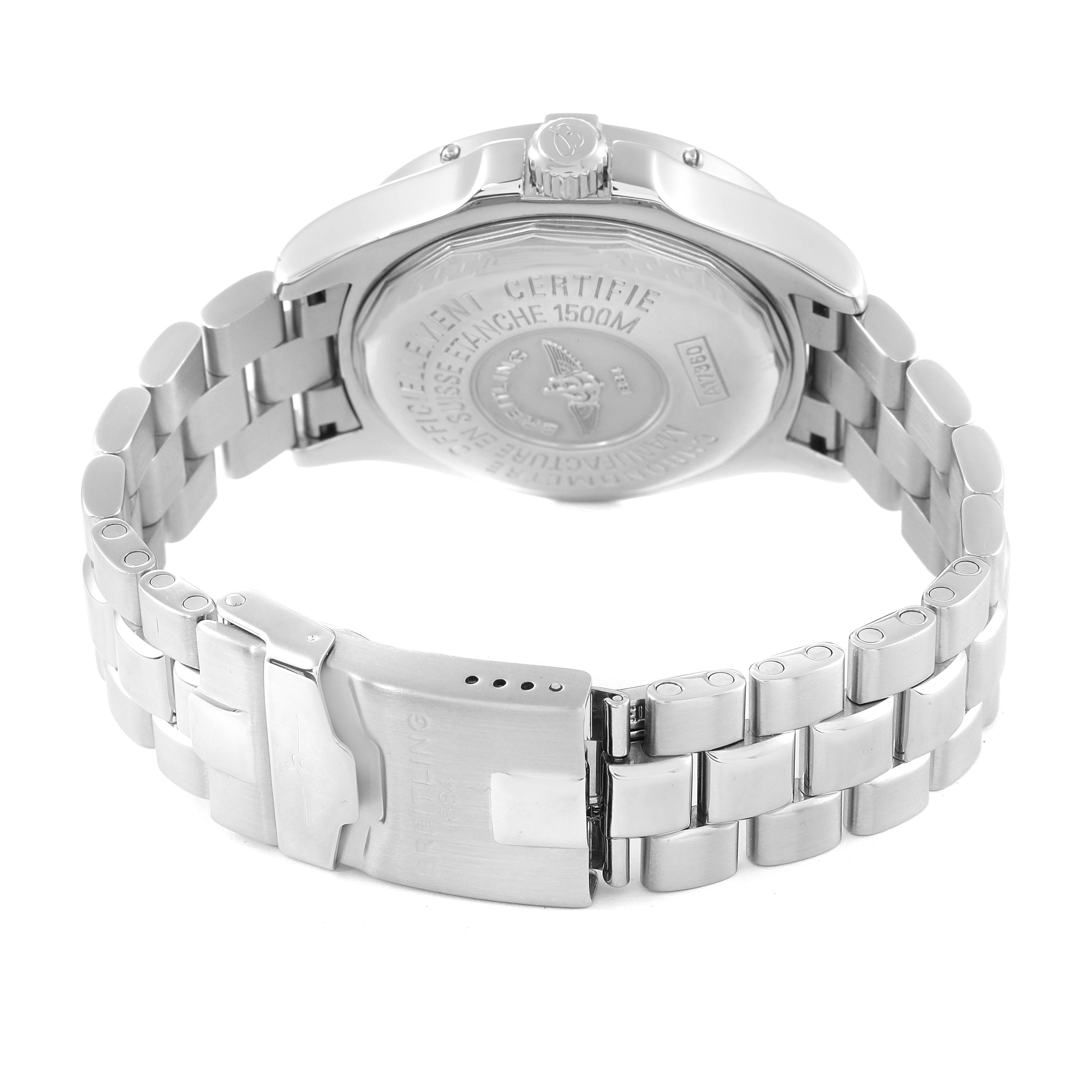 The image shows the back and bracelet of a Breitling Superocean A17360 Men's Stainless Steel Black Dial A17360 Men's Stainless Steel Black Dial watch, highlighting the case back, crown, and metal links.