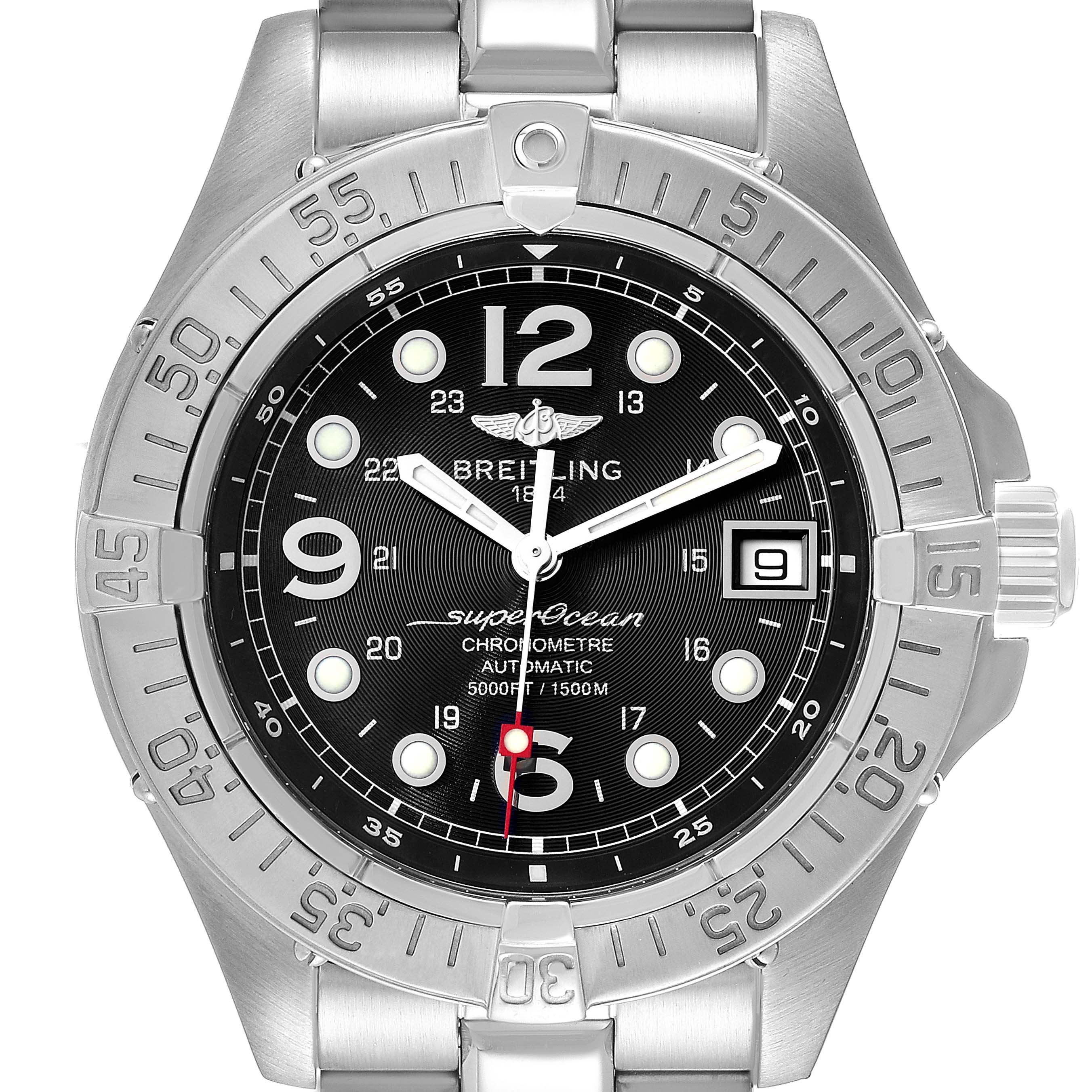 The image shows a front view of the Breitling Superocean A17360 Men's Stainless Steel Black Dial A17360 Men's Stainless Steel Black Dial watch, displaying the dial, bezel, and part of the metal bracelet.