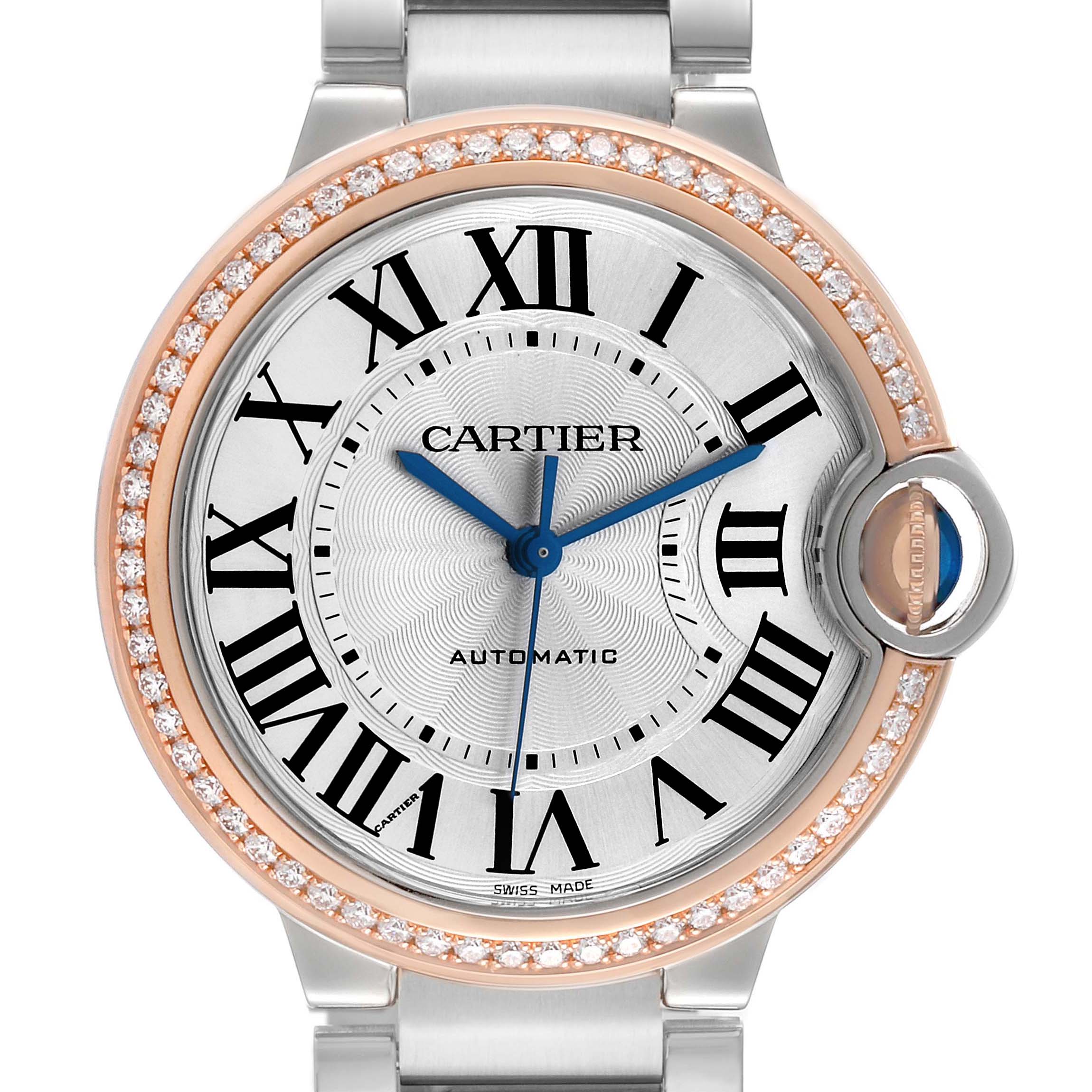 The Cartier Ballon Bleu WE902081 Women's Steel and Gold (two tone) Silver Dial watch is shown from the front, highlighting its face, bezel, and bracelet connection.