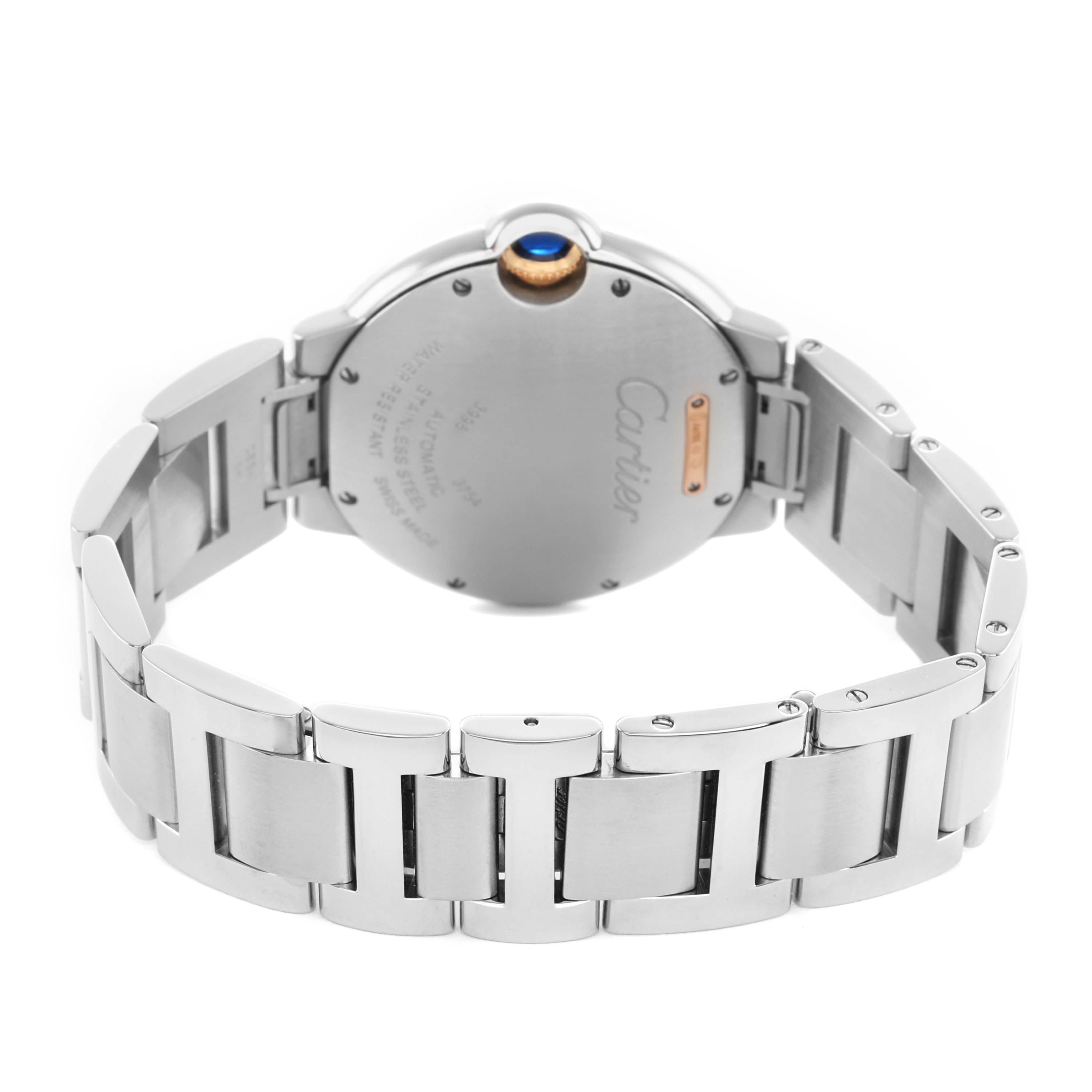 The image shows the back of the Cartier Ballon Bleu WE902081 Women's Steel and Gold (two tone) Silver Dial watch, highlighting its metal bracelet and rear case details.