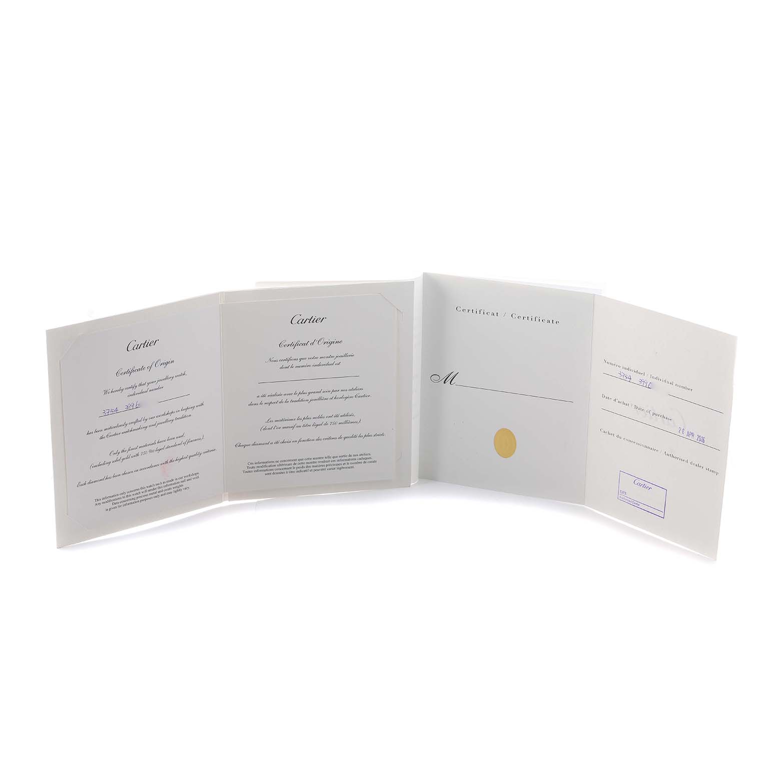 The image shows documentation for the Cartier Ballon Bleu WE902081 Women's Steel and Gold (two tone) Silver Dial, including certificates and booklets, displayed open and flat.