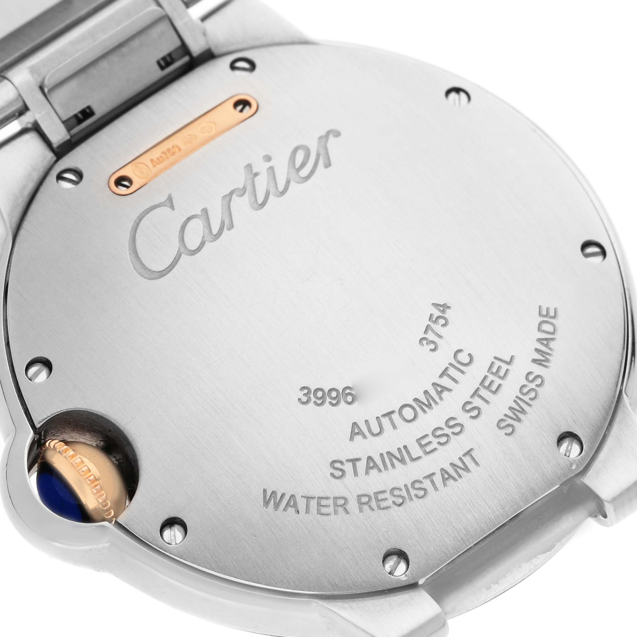 The image shows the back of a Cartier Ballon Bleu WE902081 Women's Steel and Gold (two tone) Silver Dial watch, highlighting the engraved details and part of the clasp.