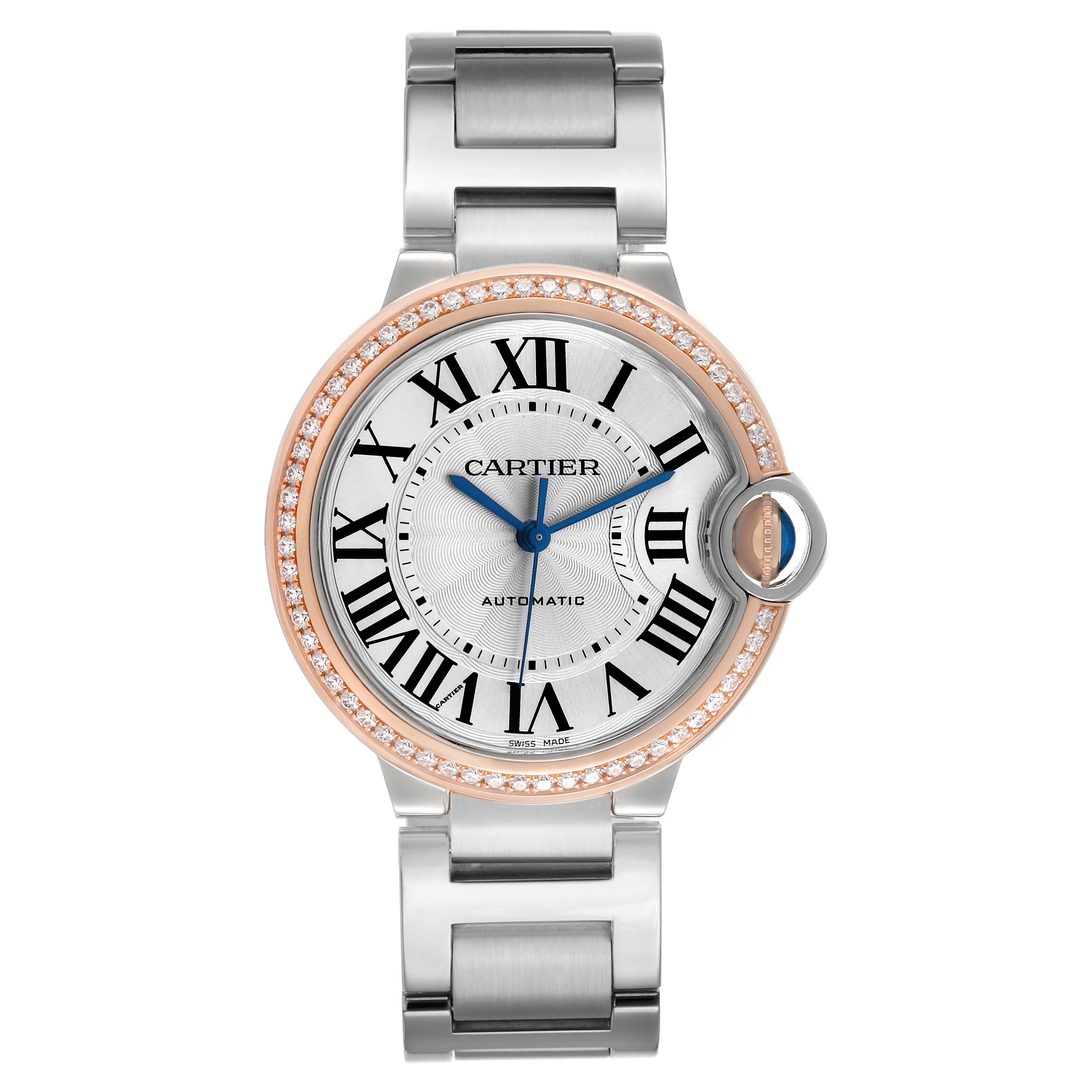 The Cartier Ballon Bleu WE902081 Women's Steel and Gold (two tone) Silver Dial watch is shown from the front, featuring a stainless steel bracelet and diamond-accented bezel.