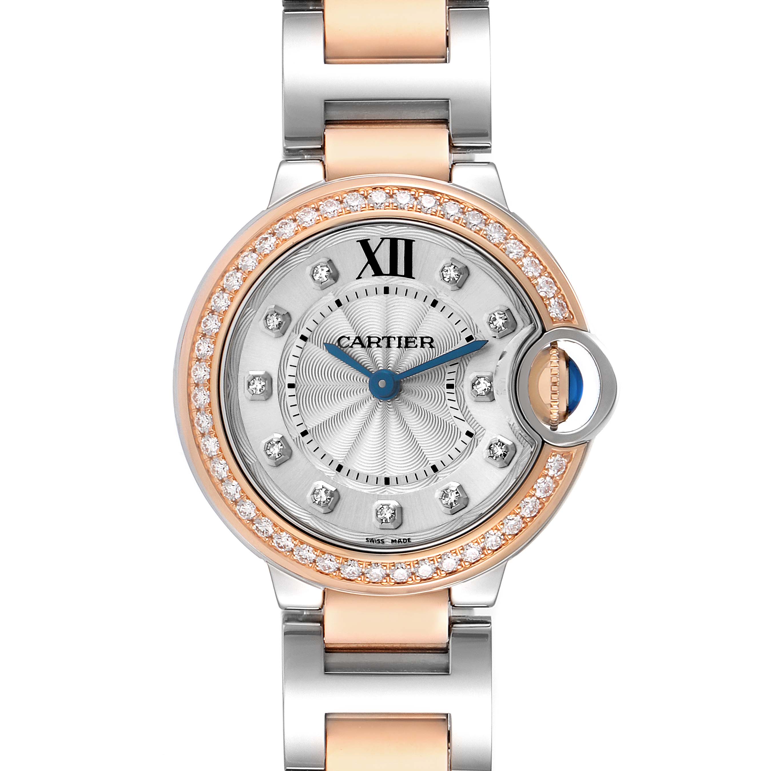 The Cartier Ballon Bleu WE902076 Women's Steel and Gold (two tone) Silver Dial watch is shown from a front angle, highlighting its round face, diamond bezel, and mixed-metal bracelet.