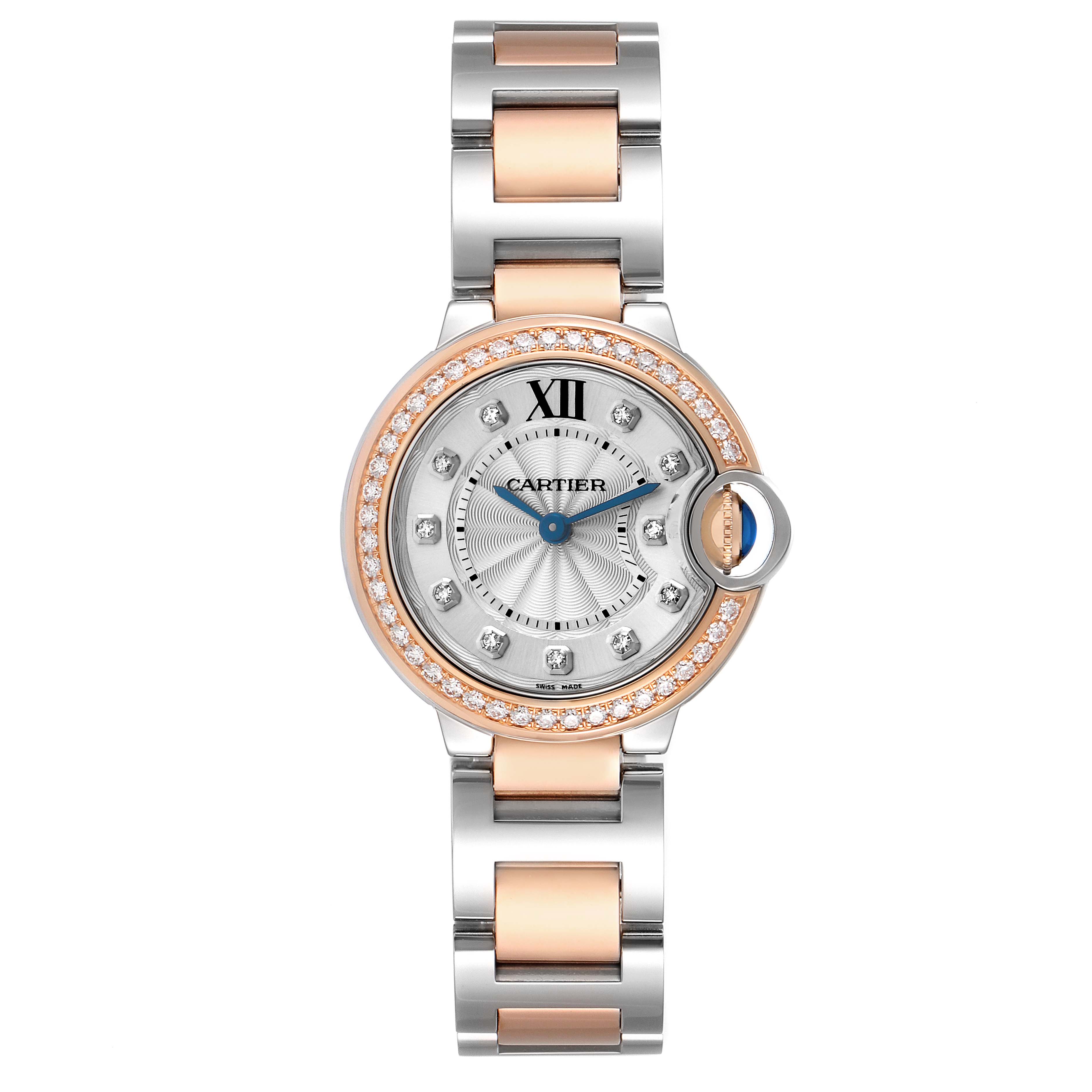 The Cartier Ballon Bleu WE902076 Women's Steel and Gold (two tone) Silver Dial watch is shown from a top-down angle, displaying its dial, bezel, and bracelet.