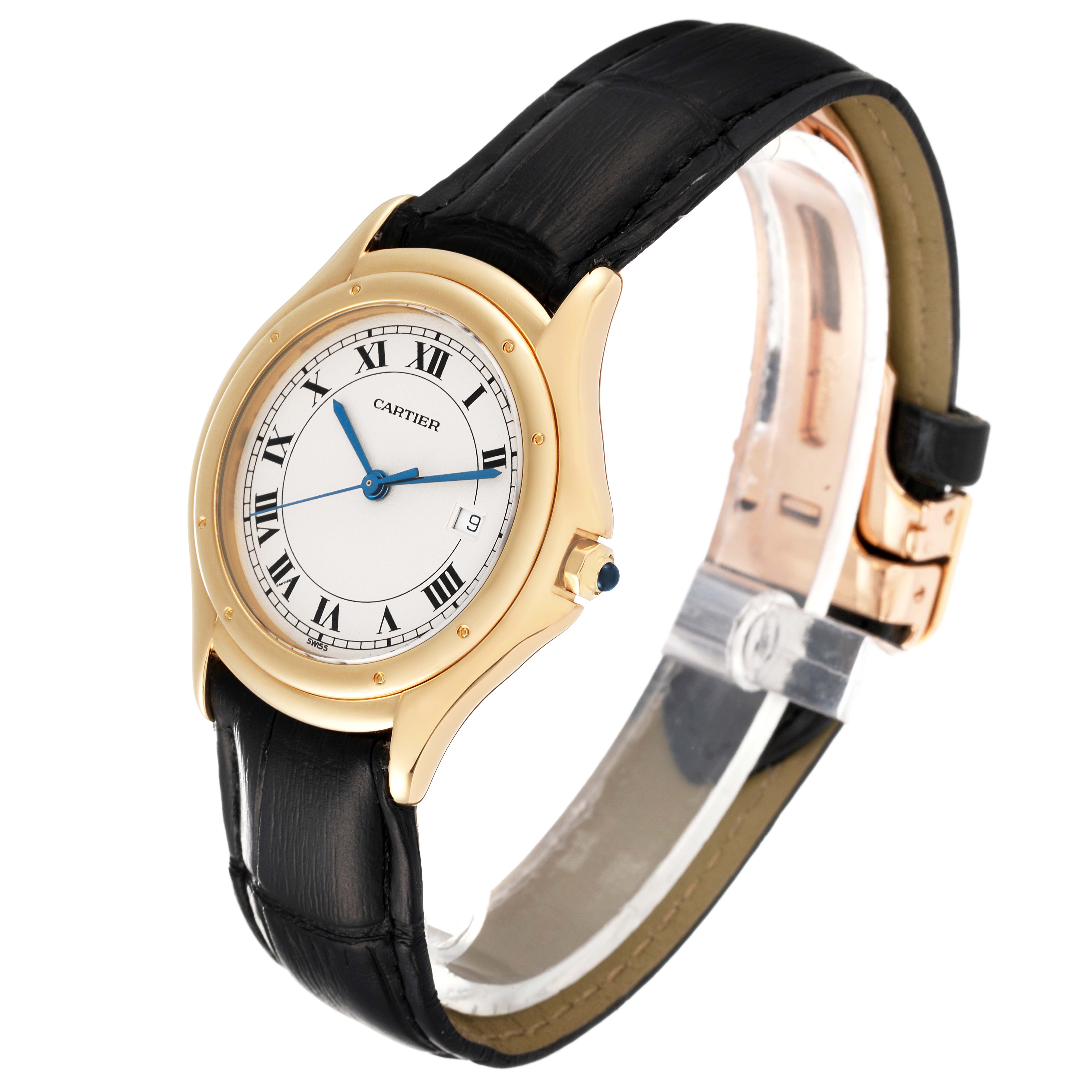 The image shows a side-angle view of the Cartier Panthère watch, highlighting its gold case, black leather strap, and white dial with Roman numerals.