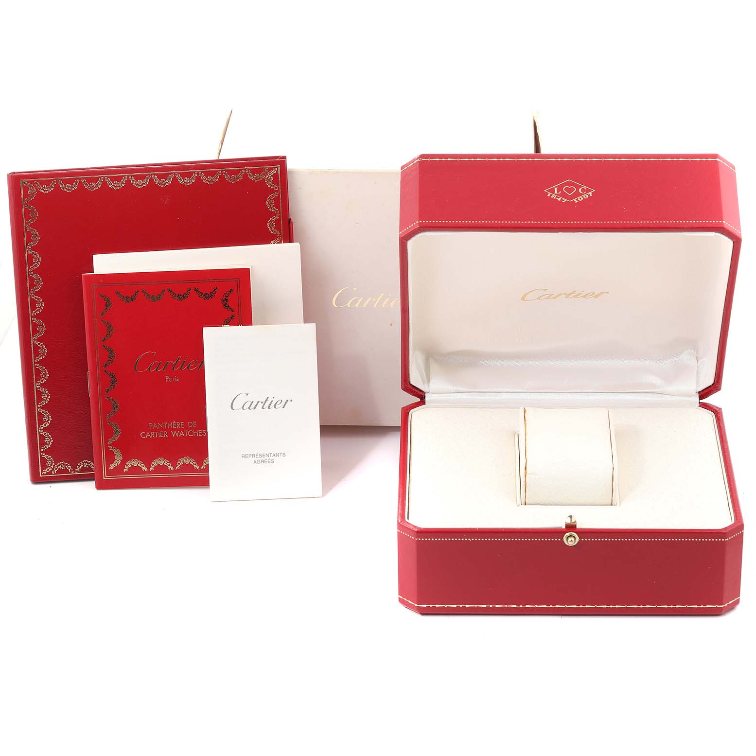 The image shows the packaging and documents for the Cartier Panthère watch, including a red box and manuals.