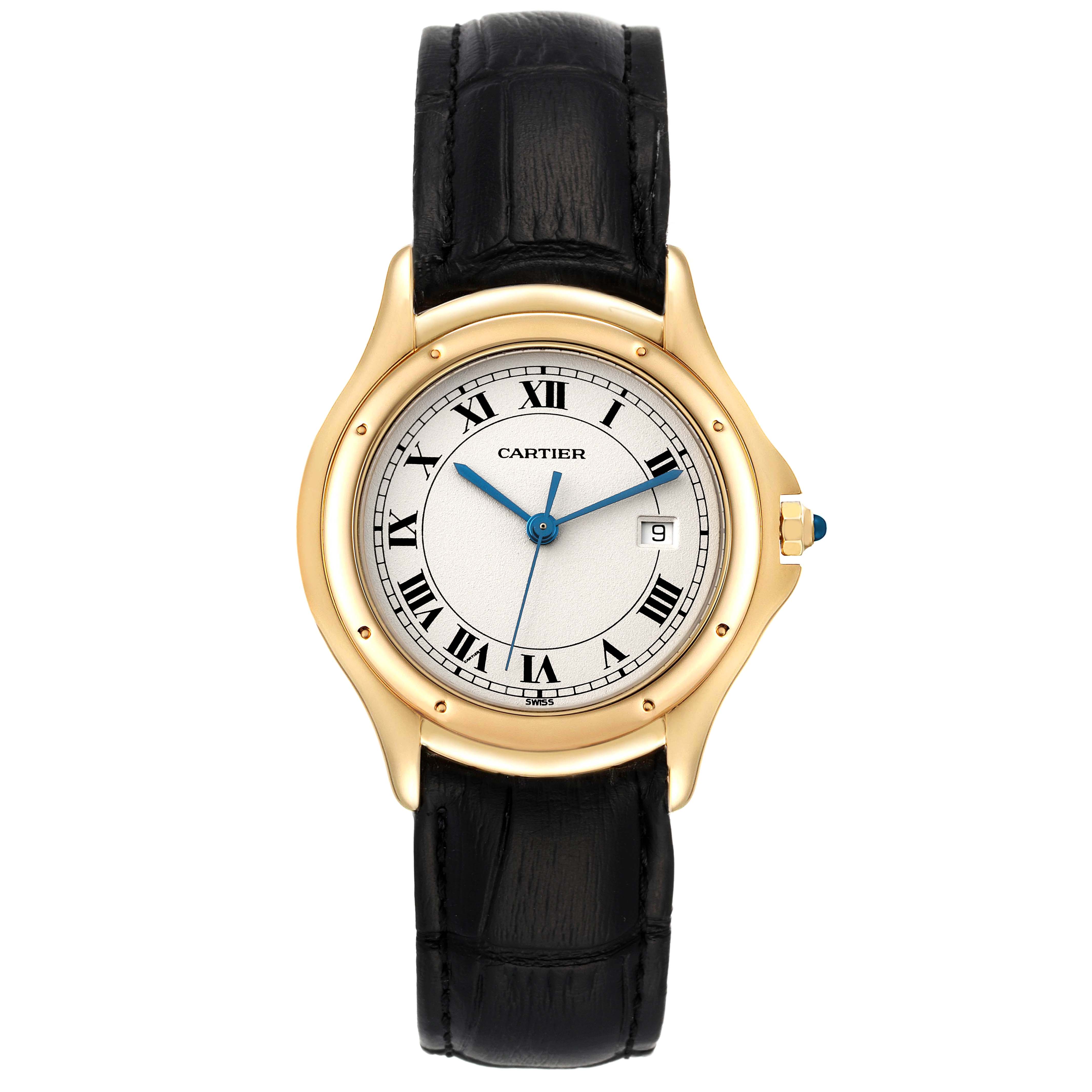 The Cartier Panthere 887904 Women's Yellow Gold Silver Dial 887904 Women's Yellow Gold Silver Dial watch is shown from the front, displaying its gold case, Roman numeral face, black leather strap, and blue hands.