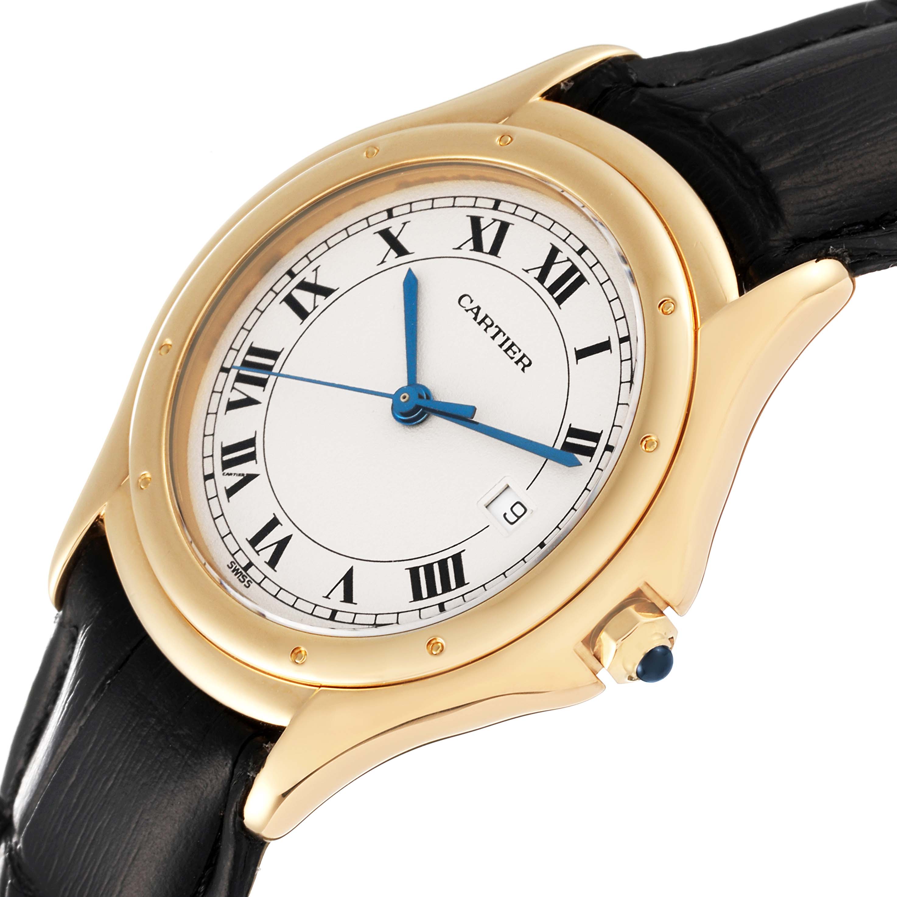 The image shows a close-up, angled view of a Cartier Panthere 887904 Women's Yellow Gold Silver Dial 887904 Women's Yellow Gold Silver Dial watch, highlighting its dial, bezel, crown, and part of the leather strap.