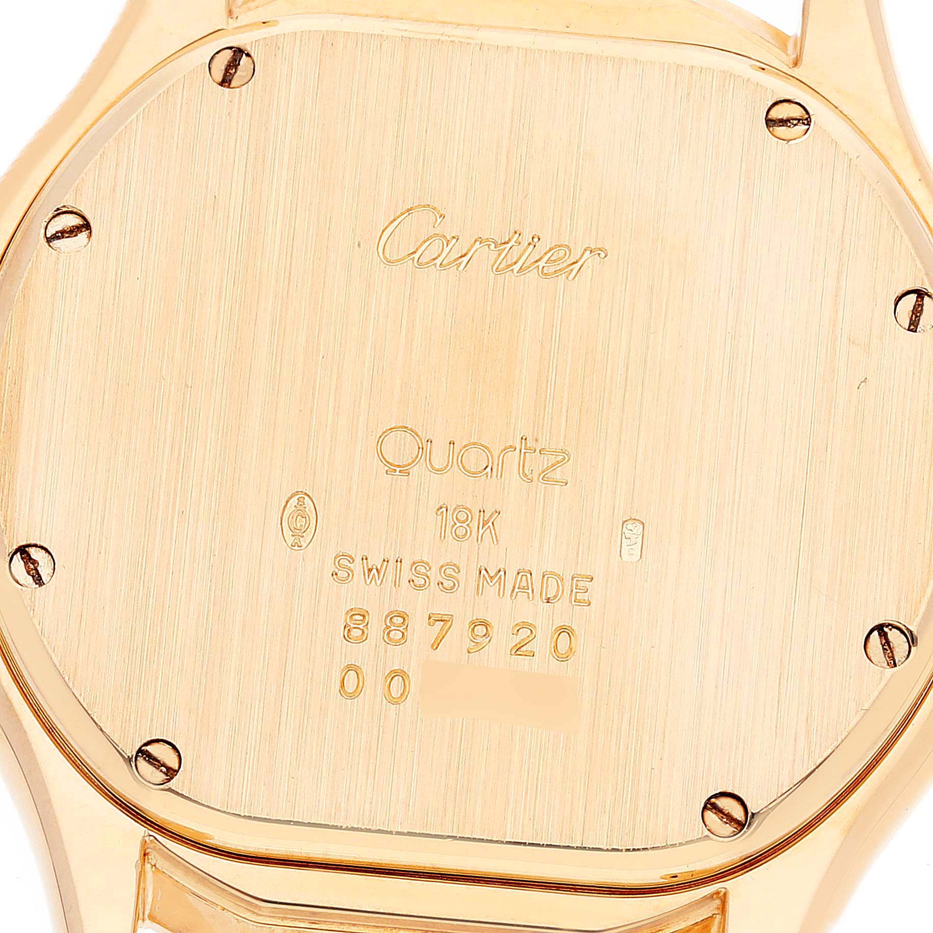This is the back case of the Cartier Panthere 887904 Women's Yellow Gold Silver Dial 887904 Women's Yellow Gold Silver Dial watch, showing branding, material details, and the serial number.