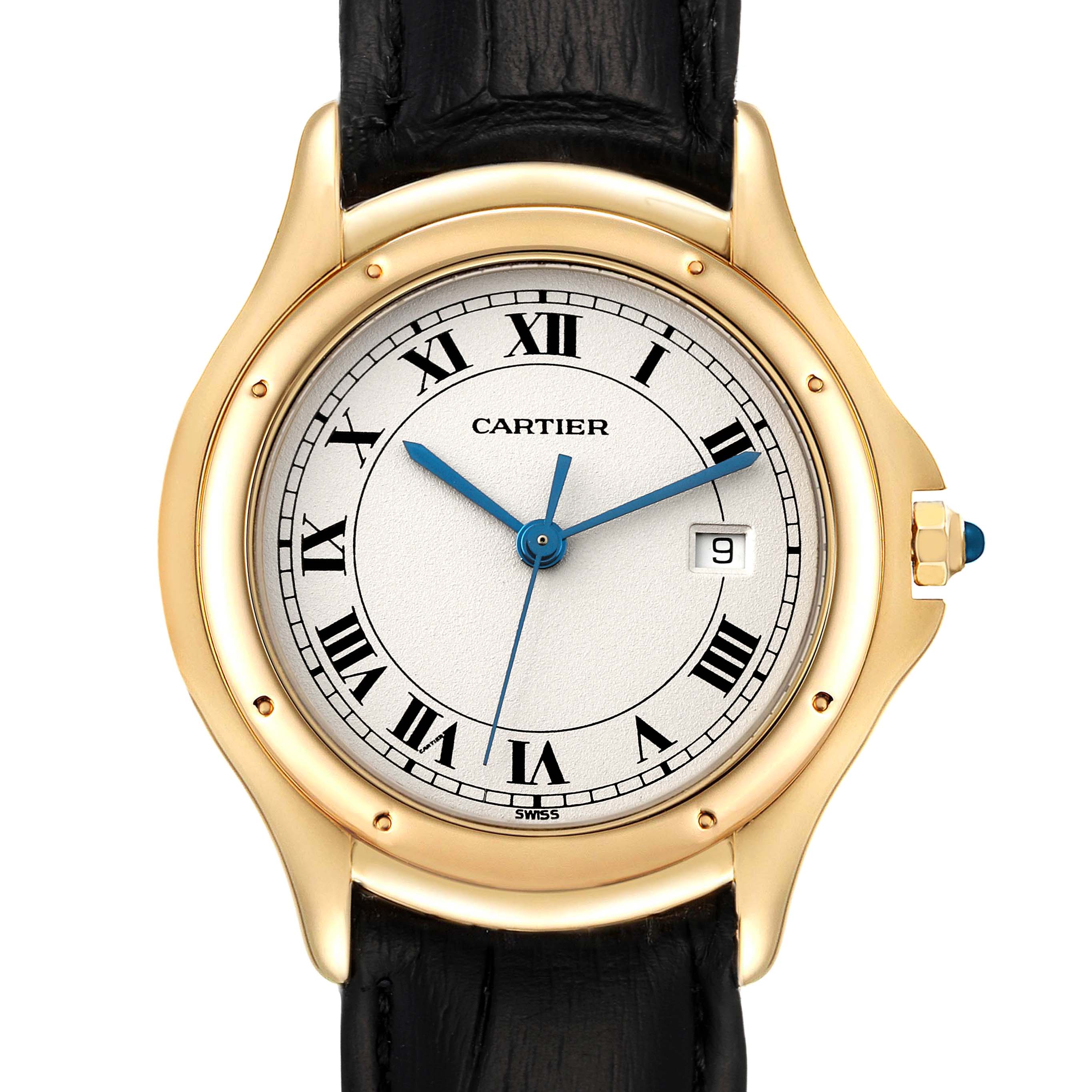 This image shows a frontal view of the Cartier Panthère watch, highlighting the dial, bezel, and part of the strap.