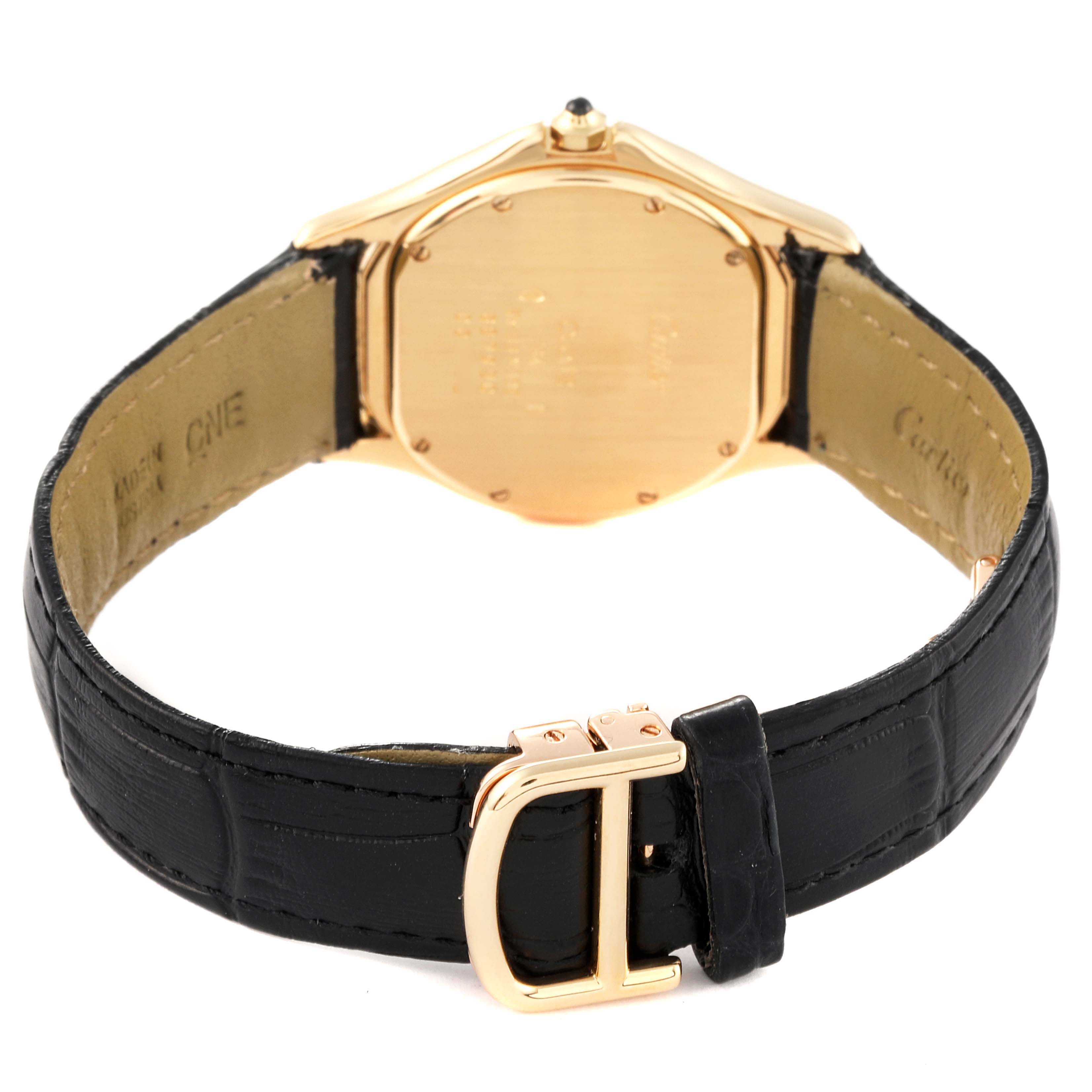 The image shows the backside and clasp of a Cartier Panthere 887904 Women's Yellow Gold Silver Dial 887904 Women's Yellow Gold Silver Dial watch, showcasing its black leather strap and gold buckle.