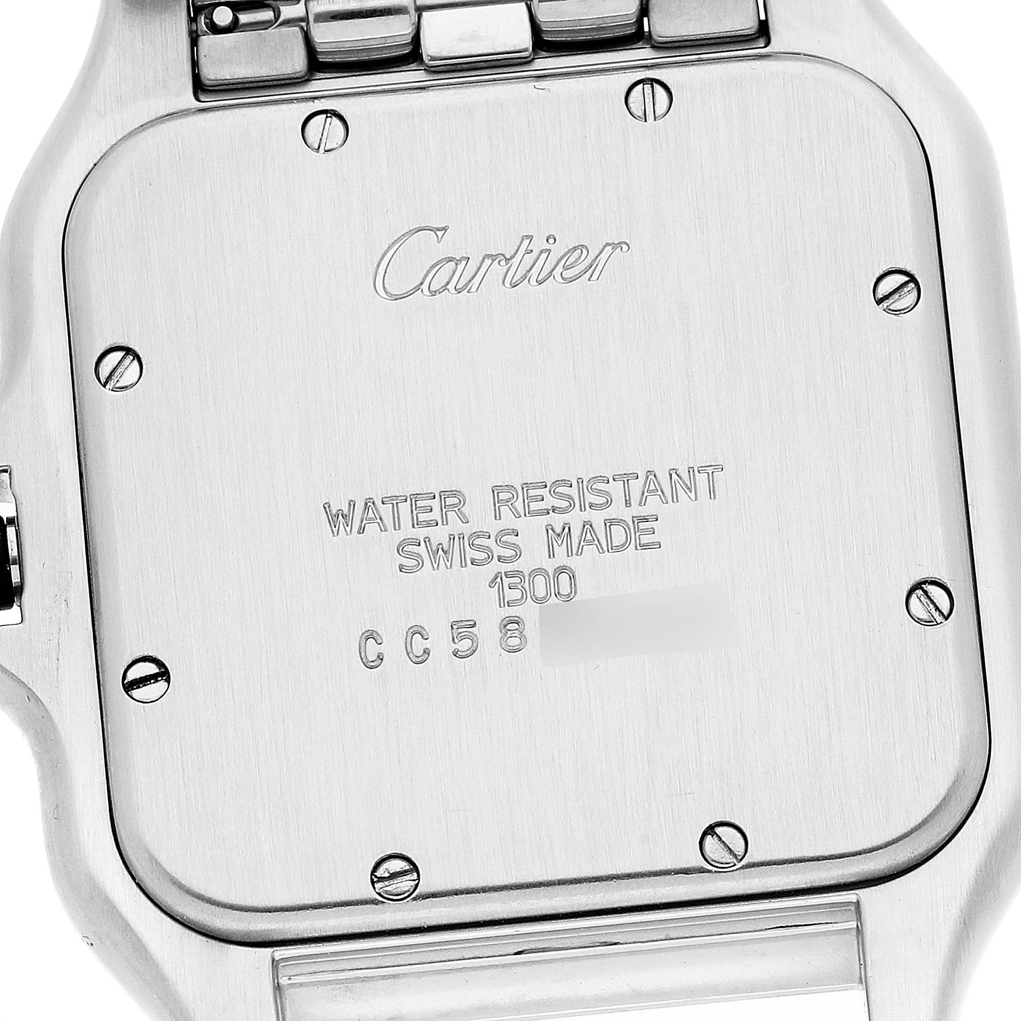 This image shows the case back of a Cartier Panthere W25032P5 Men
s Stainless Steel Silver Dial W25032P5 Men
s Stainless Steel Silver Dial watch, displaying the engraved branding and specifications.
