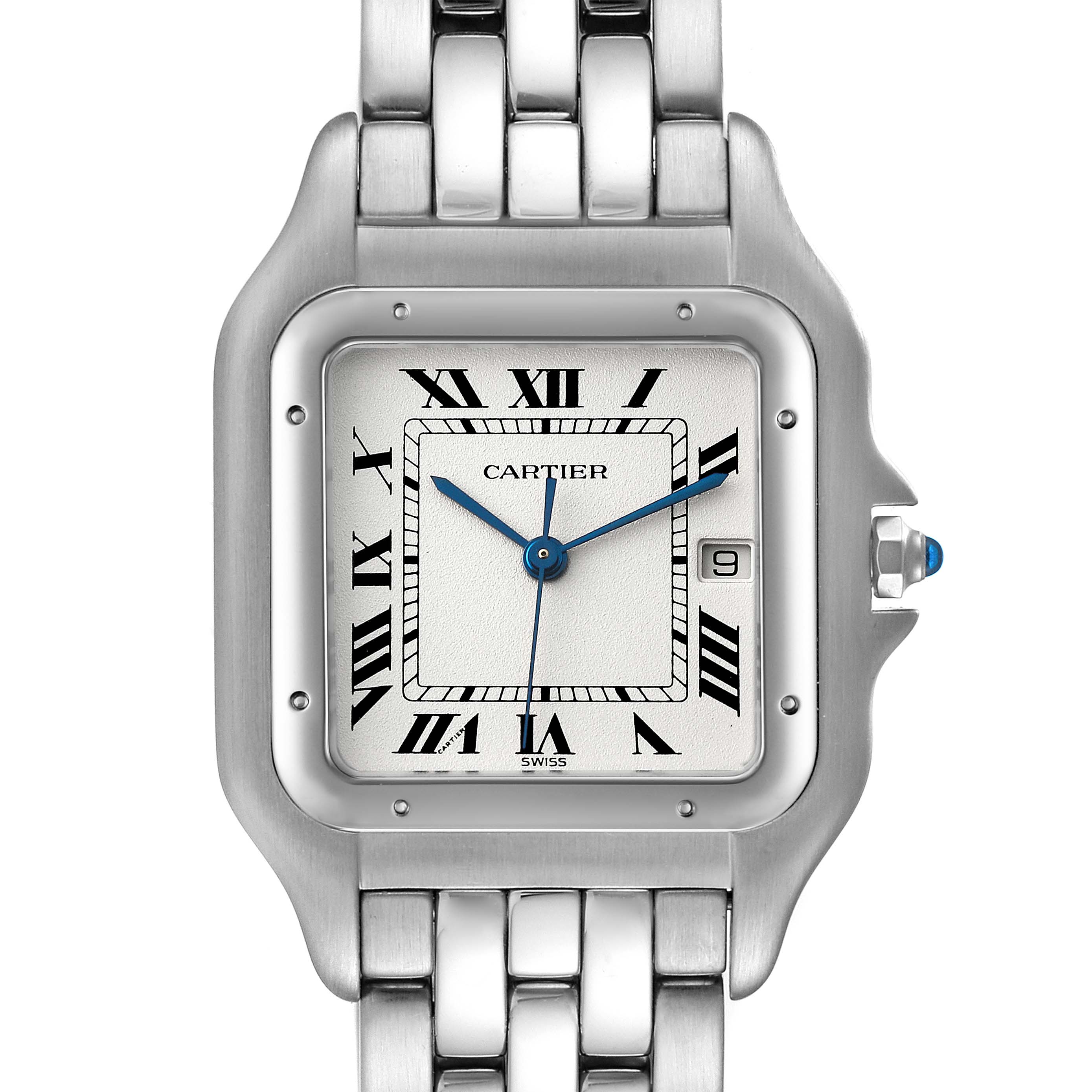 This image shows a front view of the Cartier Panthere W25032P5 Men
s Stainless Steel Silver Dial W25032P5 Men
s Stainless Steel Silver Dial watch, highlighting its face, bezel, crown, and part of the bracelet.