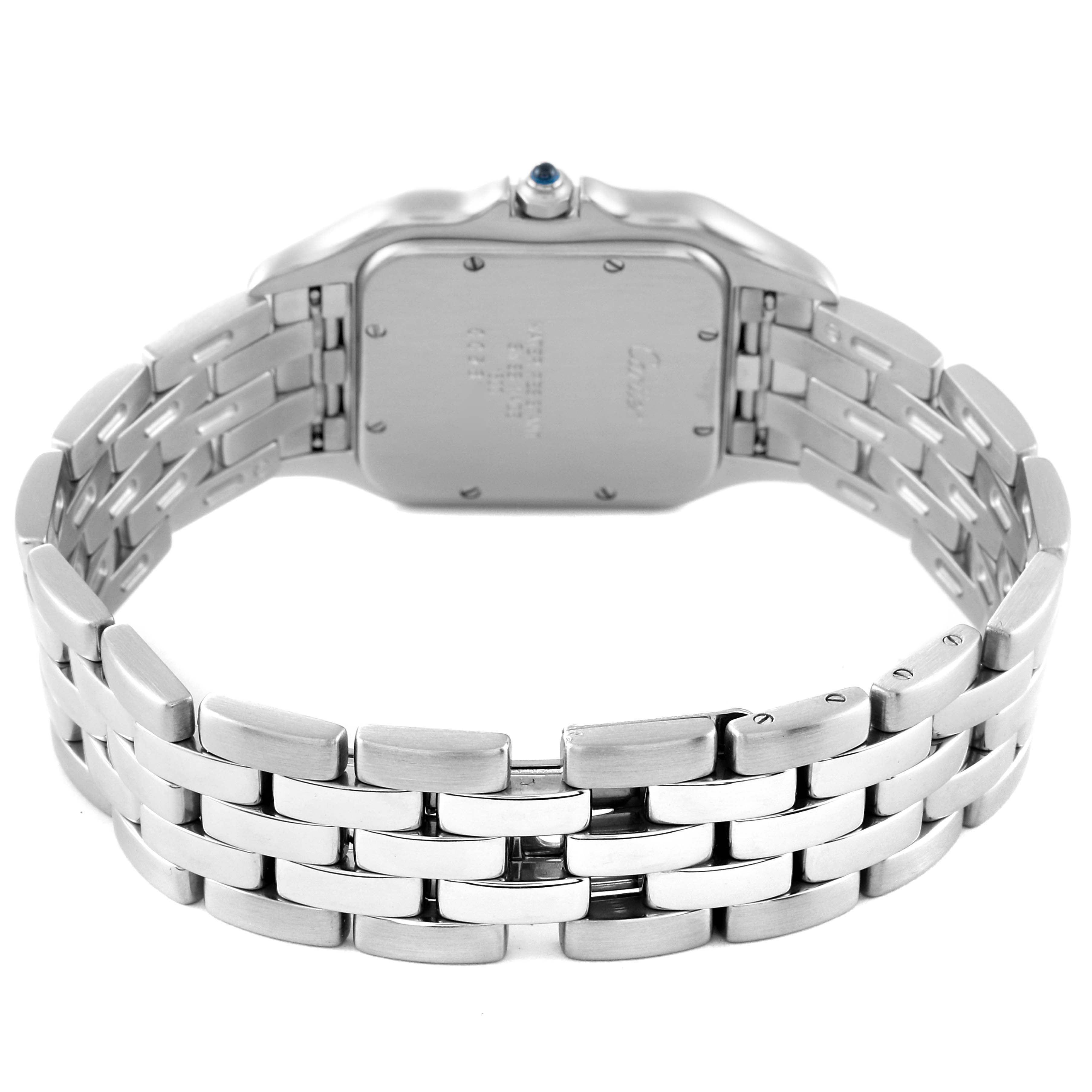 The image shows the back view of a Cartier Panthere W25032P5 Men
s Stainless Steel Silver Dial W25032P5 Men
s Stainless Steel Silver Dial model watch, focusing on its case back and stainless steel bracelet.