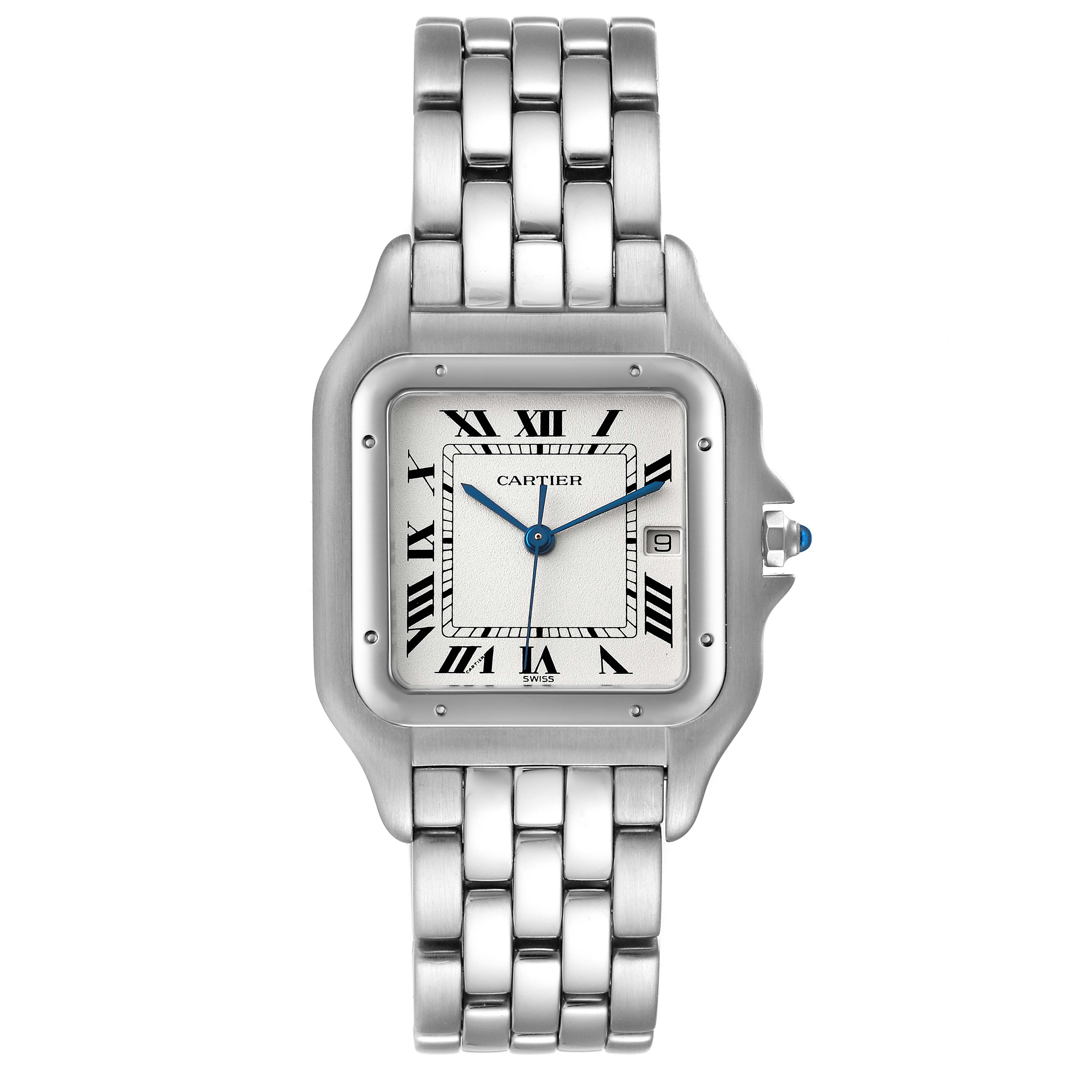 The Panthere model by Cartier is shown from a frontal angle, displaying its face, bracelet, and crown.