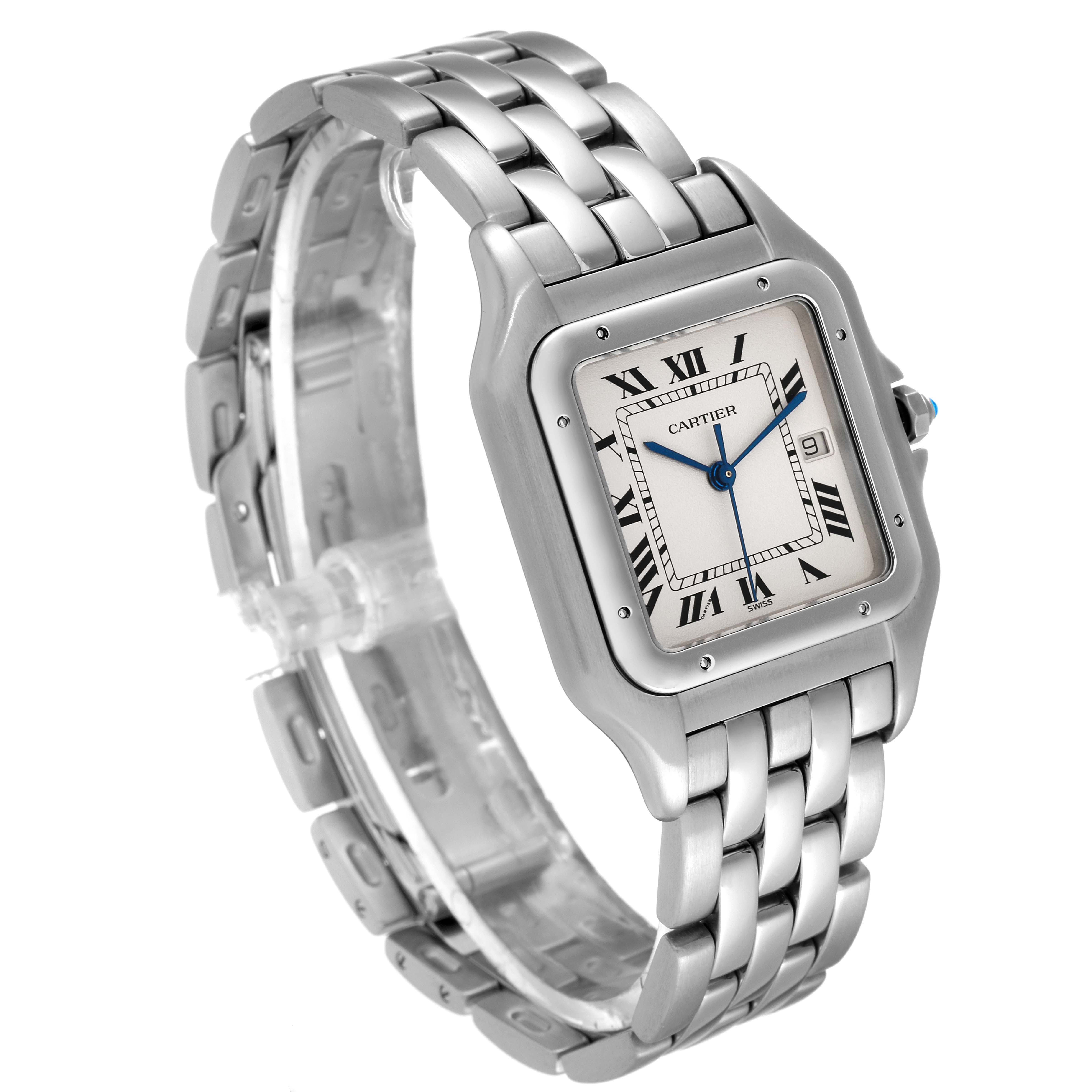 The image shows a Cartier Panthere W25032P5 Men
s Stainless Steel Silver Dial W25032P5 Men
s Stainless Steel Silver Dial watch at a three-quarter angle, highlighting its face, bracelet, and crown.